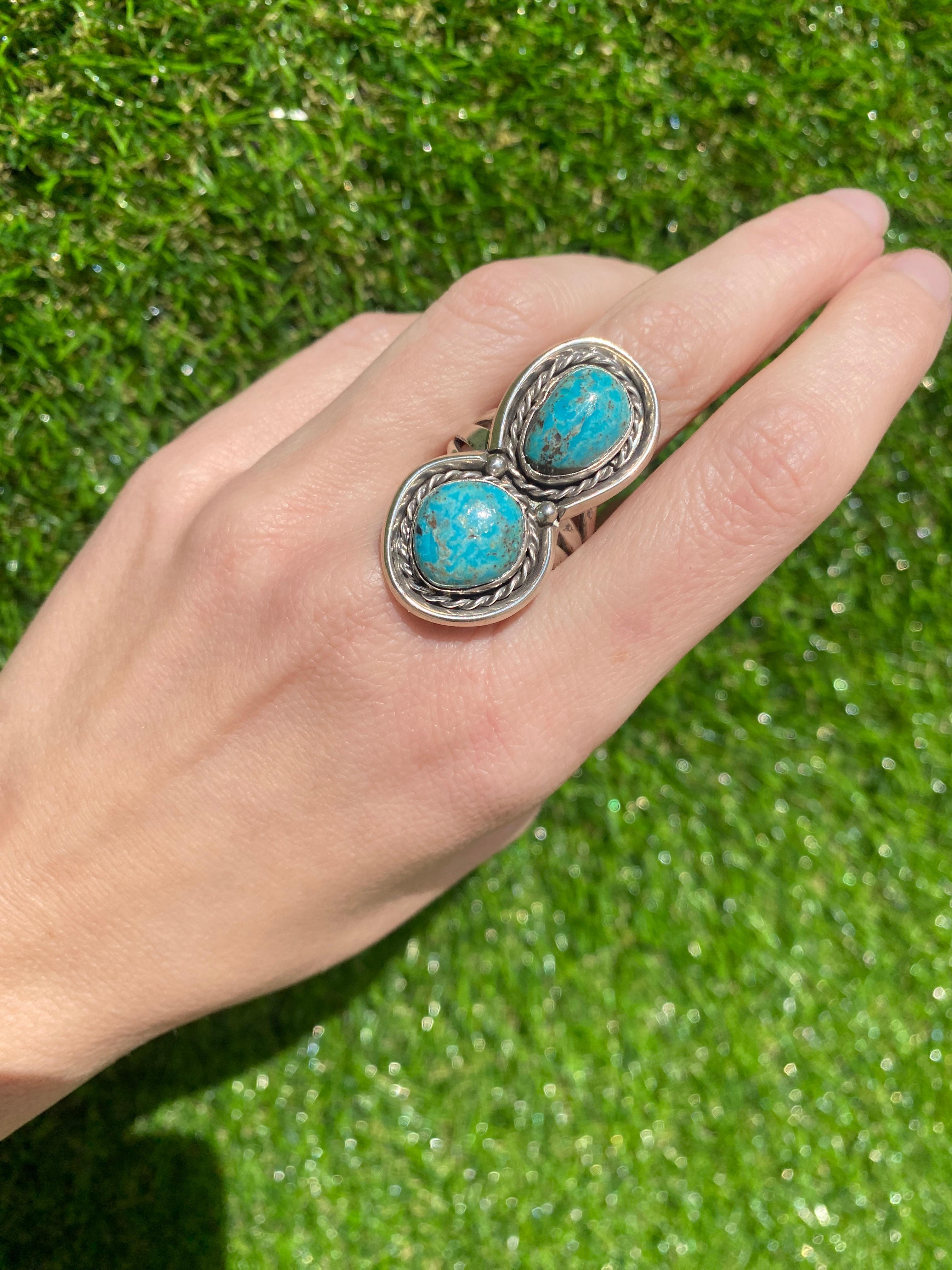 Vintage Double Turquoise Stone Sterling Silver Ring For Sale 1