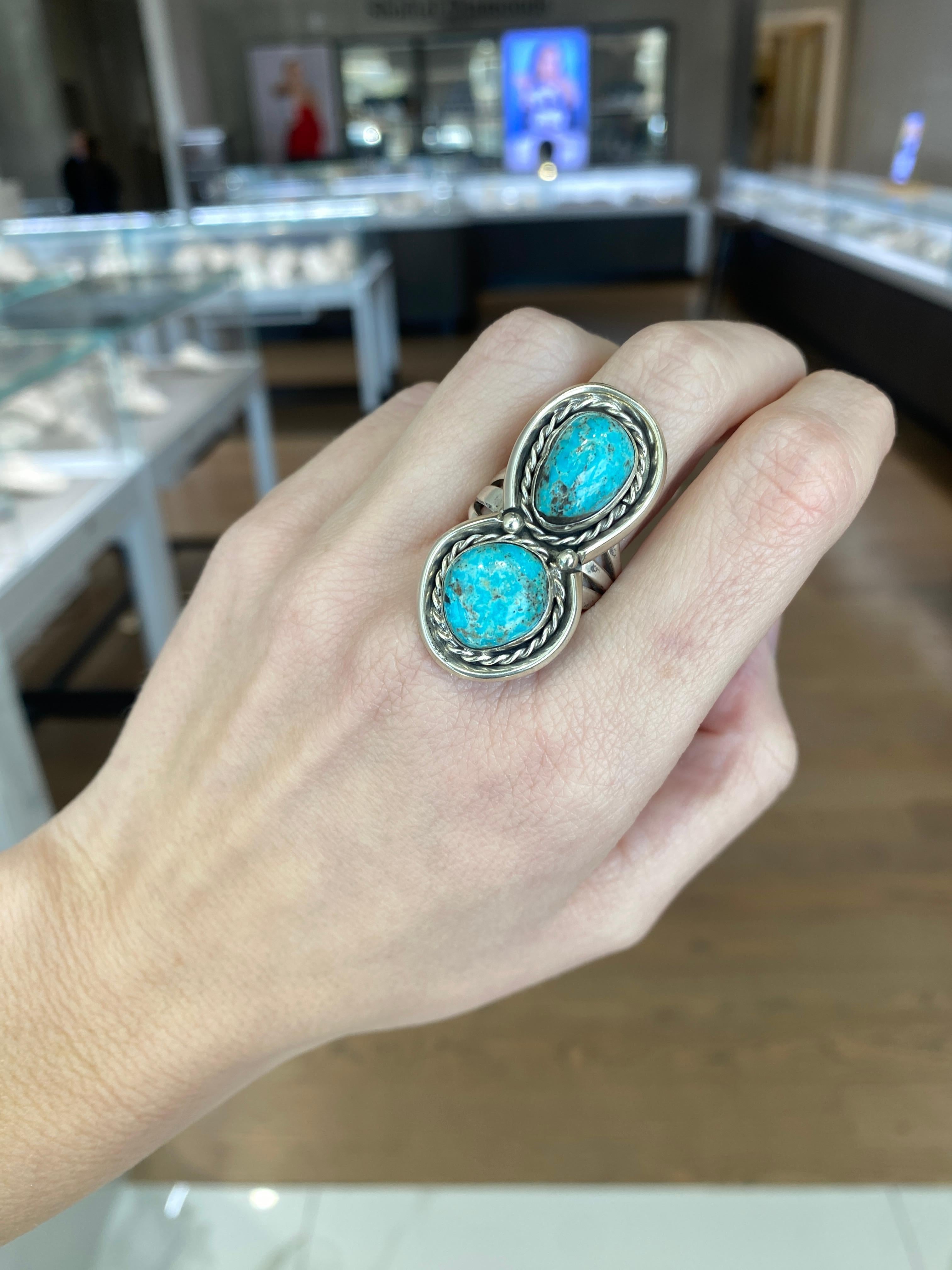 Vintage Double Turquoise Stone Sterling Silver Ring For Sale 2
