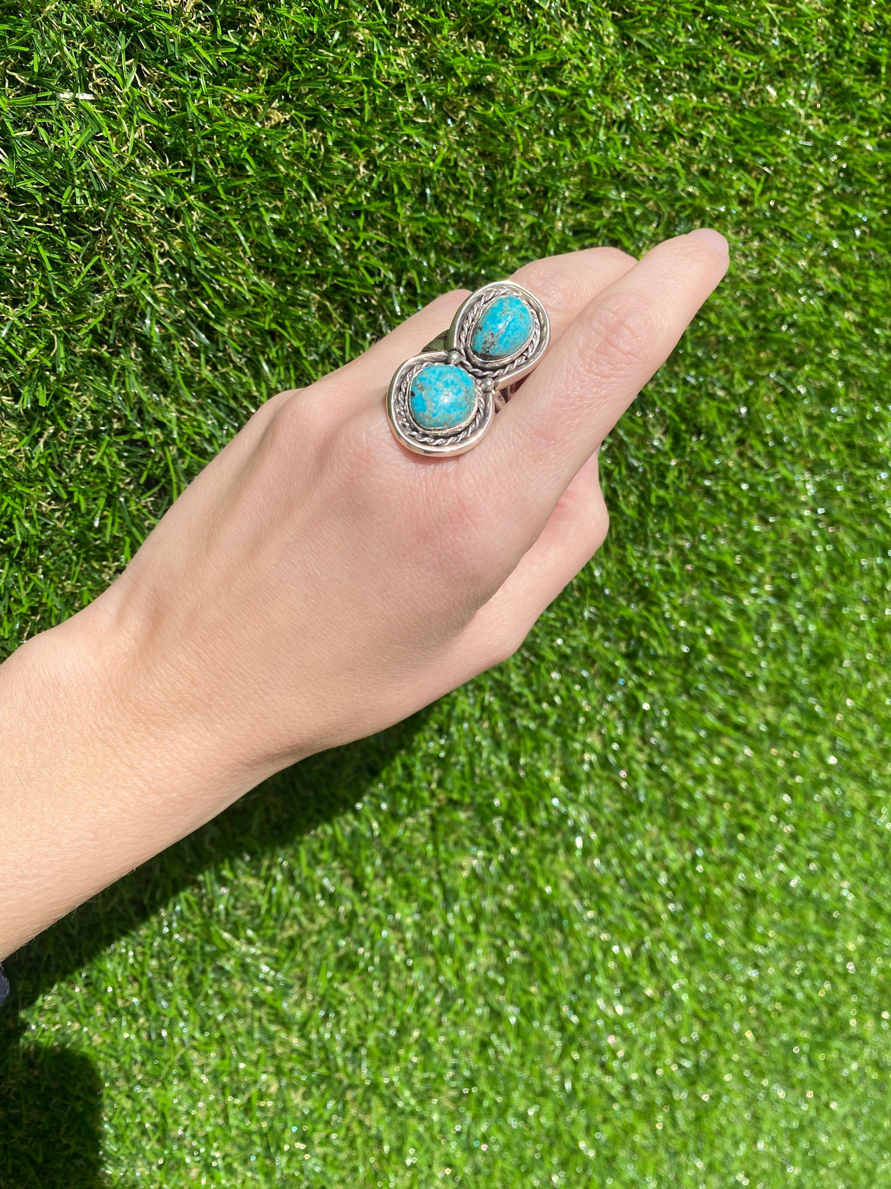 Vintage Double Turquoise Stone Sterling Silver Ring For Sale 3