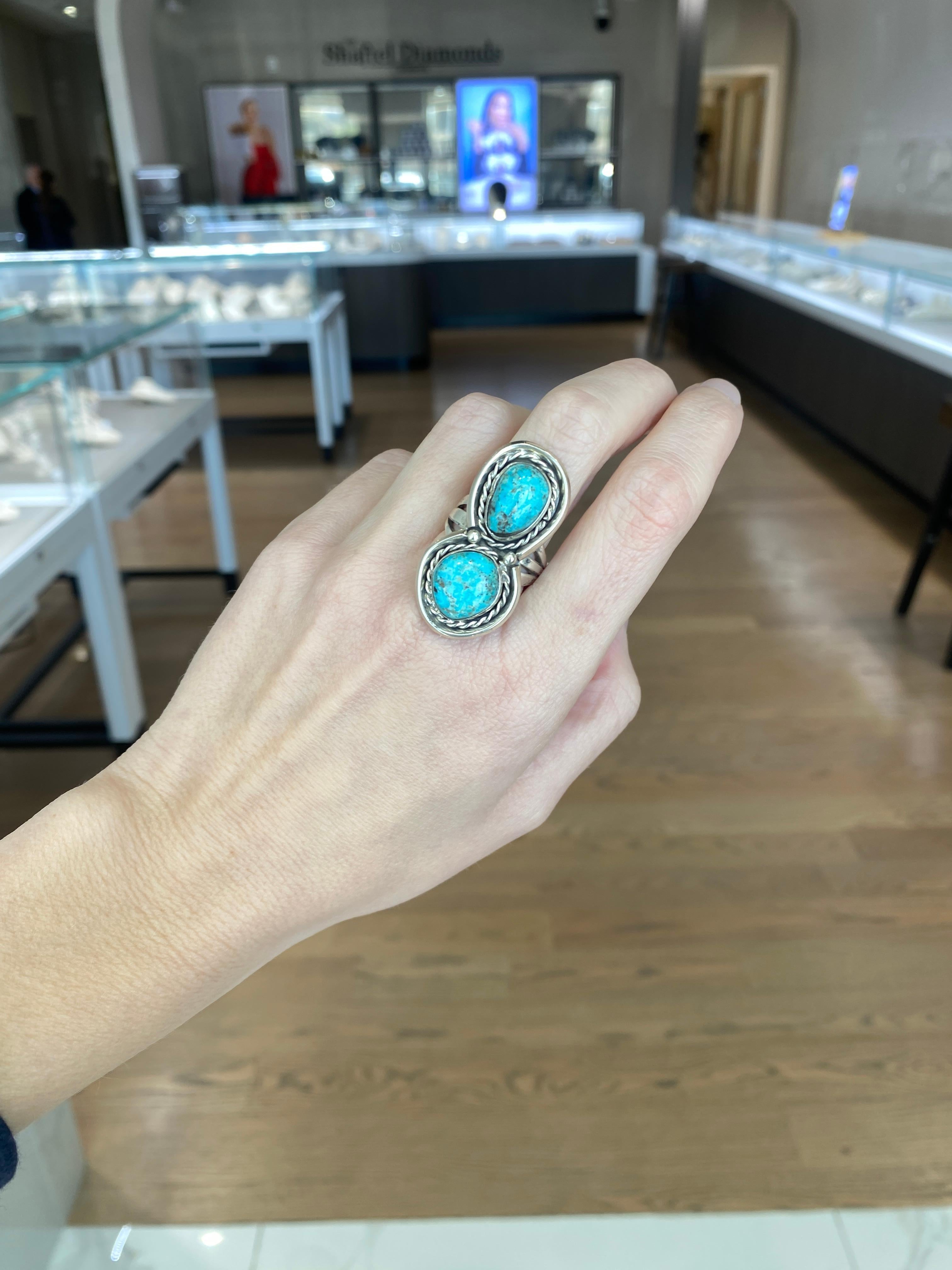 Vintage Double Turquoise Stone Sterling Silver Ring For Sale 4