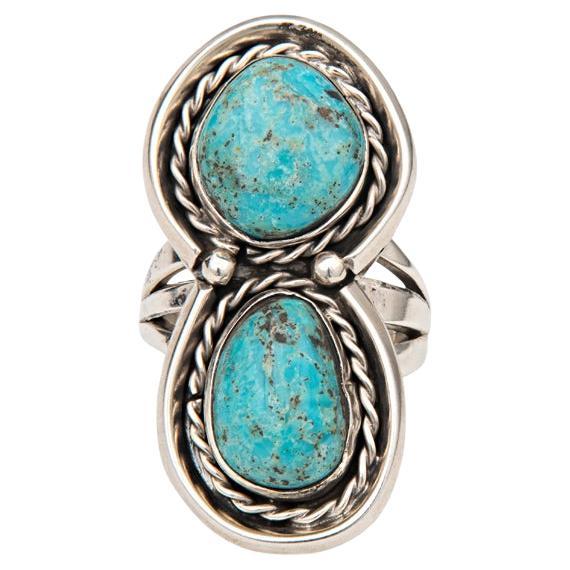 Vintage Double Turquoise Stone Sterling Silver Ring For Sale