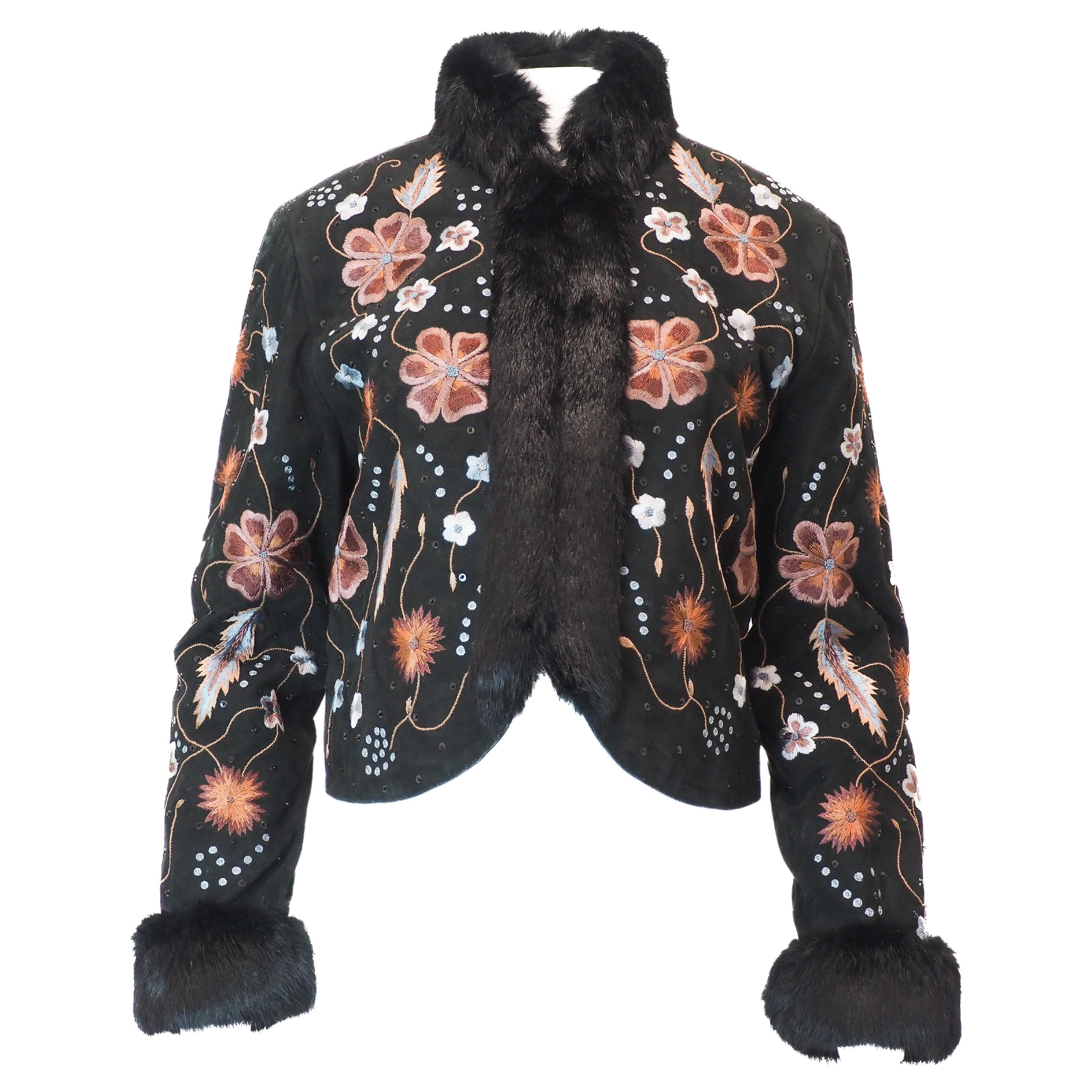 Vintage Doubled Ranch Black Suede Floral Embroidered Jacket Trimmed in Fur