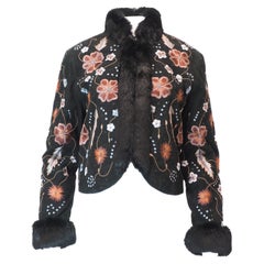 Vintage Doubled Ranch Black Suede Floral Embroidered Jacket Trimmed in Fur