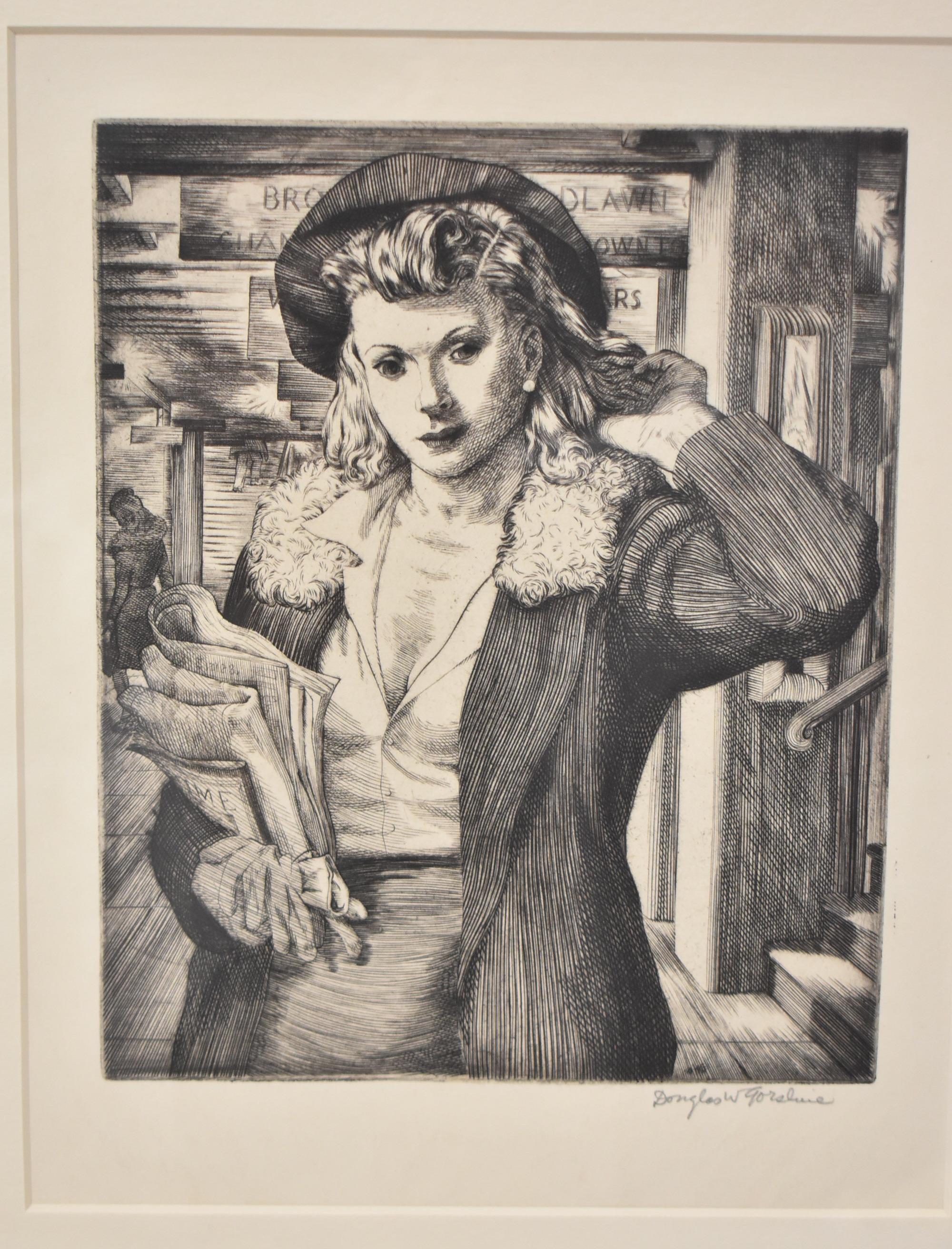Vintage Douglas W. Gorsline engraving on paper of a young woman, 