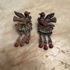 Vintage DoveMexican Sterling Silver Earrings Matilde Poulat Matl Turquoise Coral