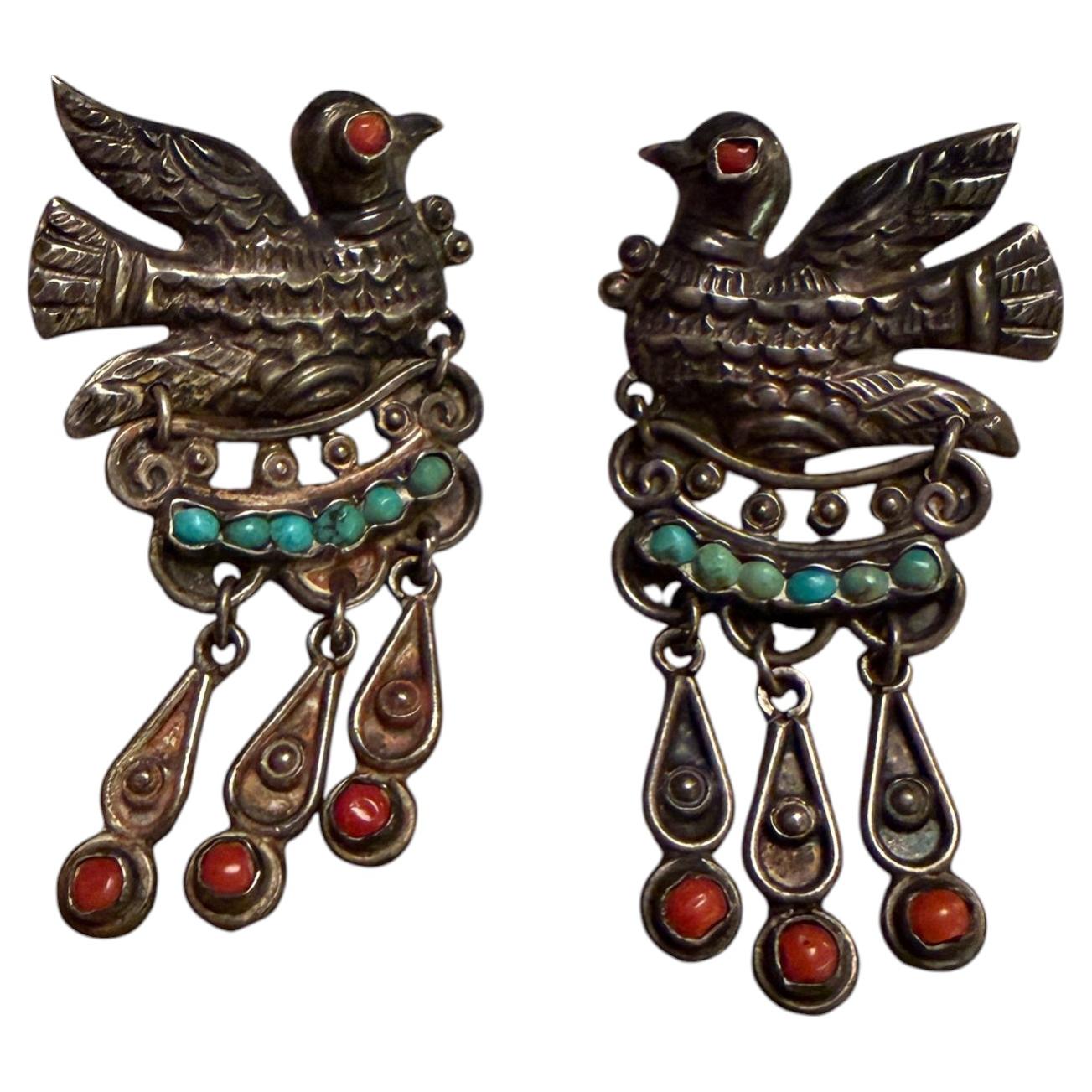 Vintage DoveMexican Sterling Silver Earrings Matilde Poulat Matl Turquoise Coral