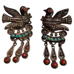 Vintage DoveMexican Sterling Silver Earrings Matilde Poulat Matl Turquoise Coral