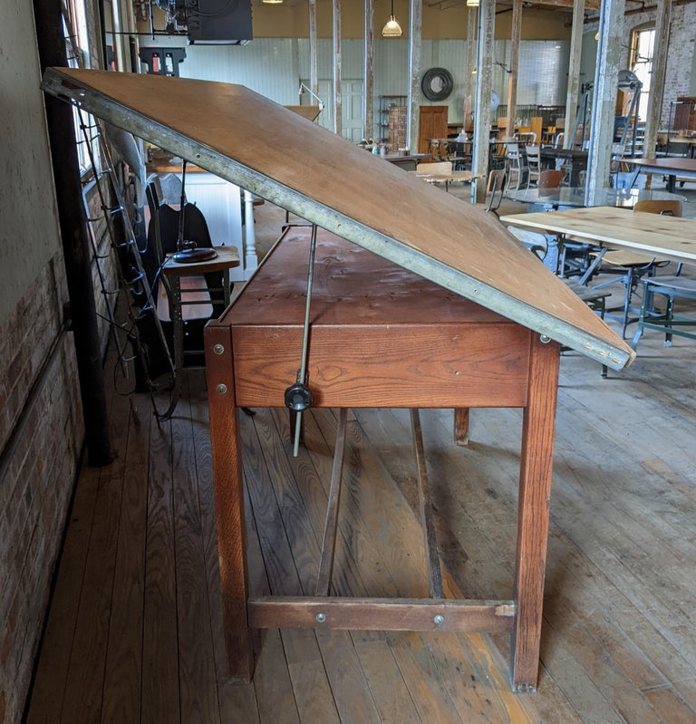 Antique American Industrial Small Drafting Table Work Desk Cast Iron Solid  Wood For Sale at 1stDibs
