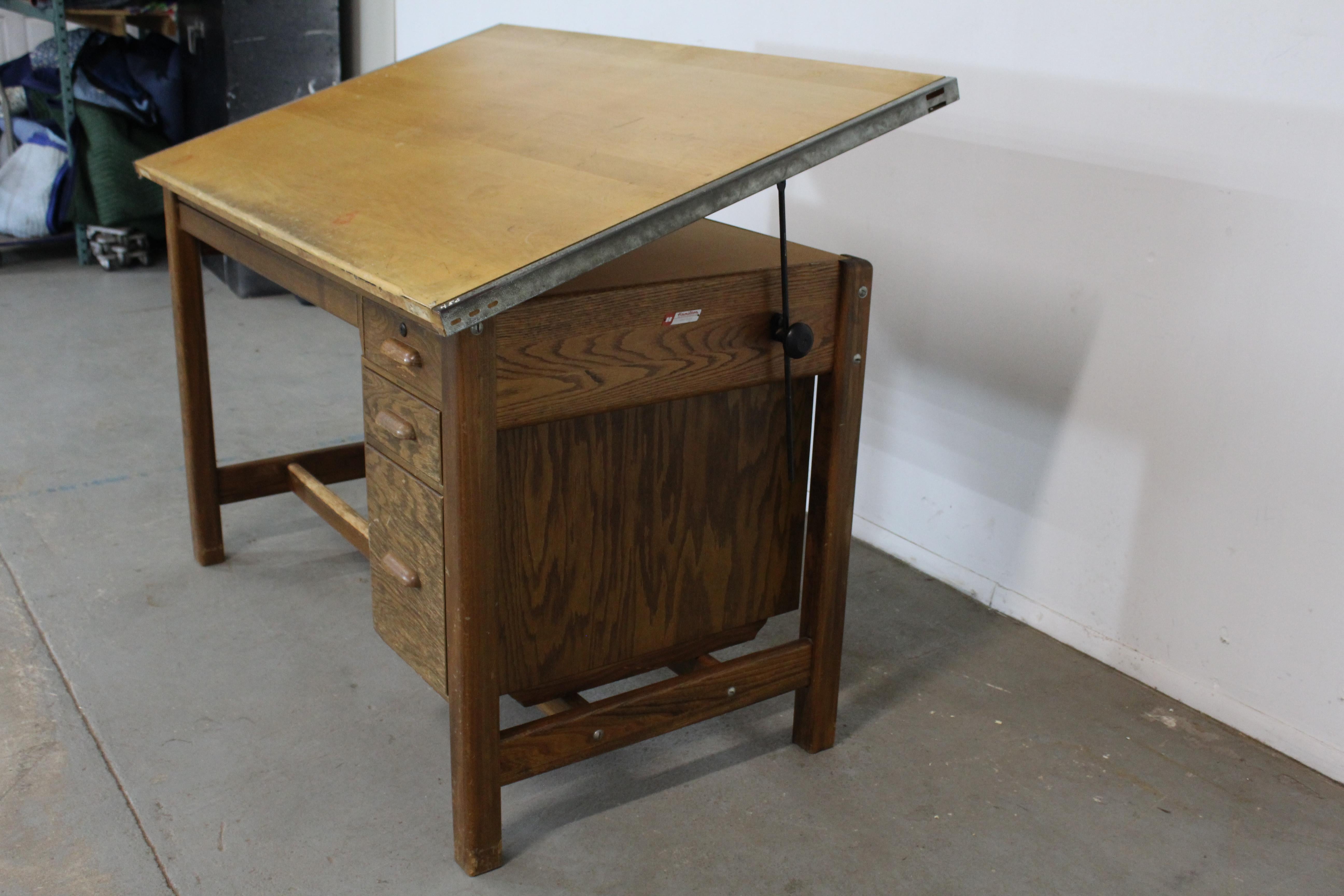 Vintage Drafting Table Industrial Adjustable Wood Drafting Table Desk In Fair Condition In Wilmington, DE