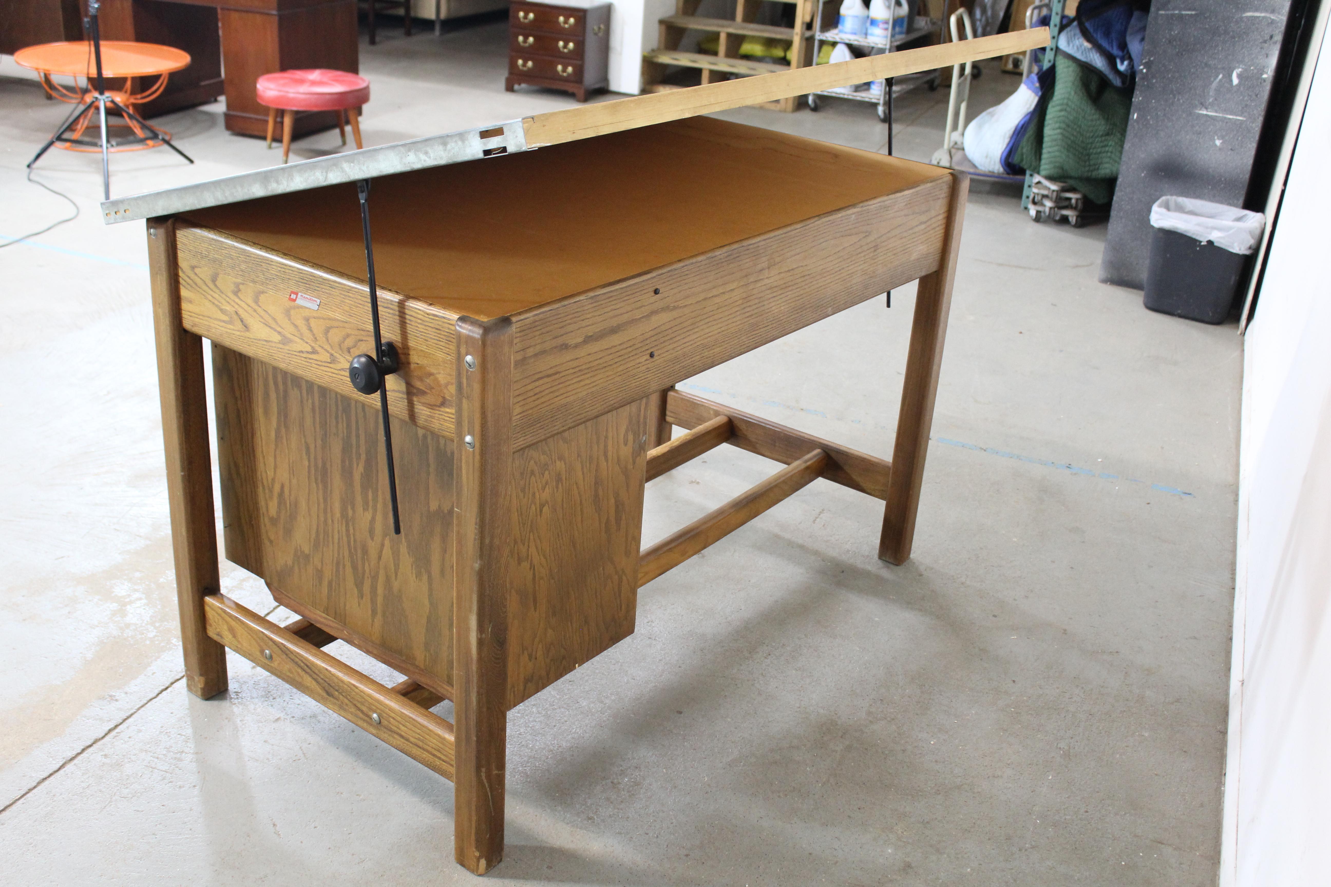20th Century Vintage Drafting Table Industrial Adjustable Wood Drafting Table Desk