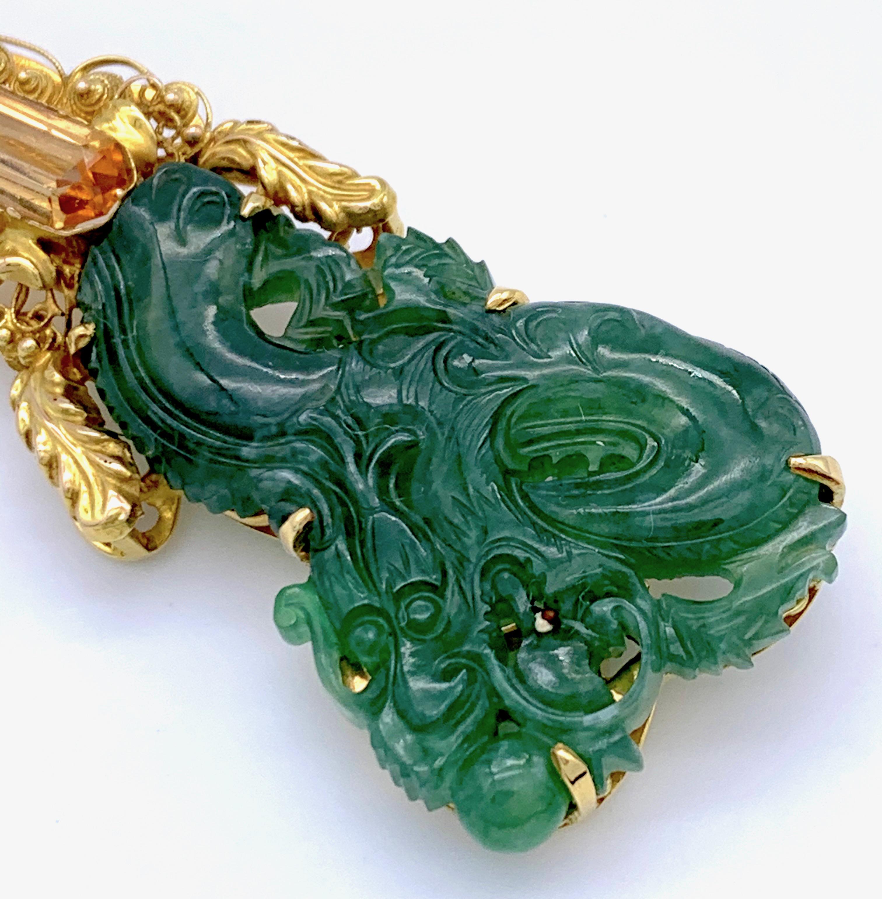 Vintage Dragon Carved Jadeite Topas Ruby 18 Karat Gold Brooch with Pendant For Sale 2