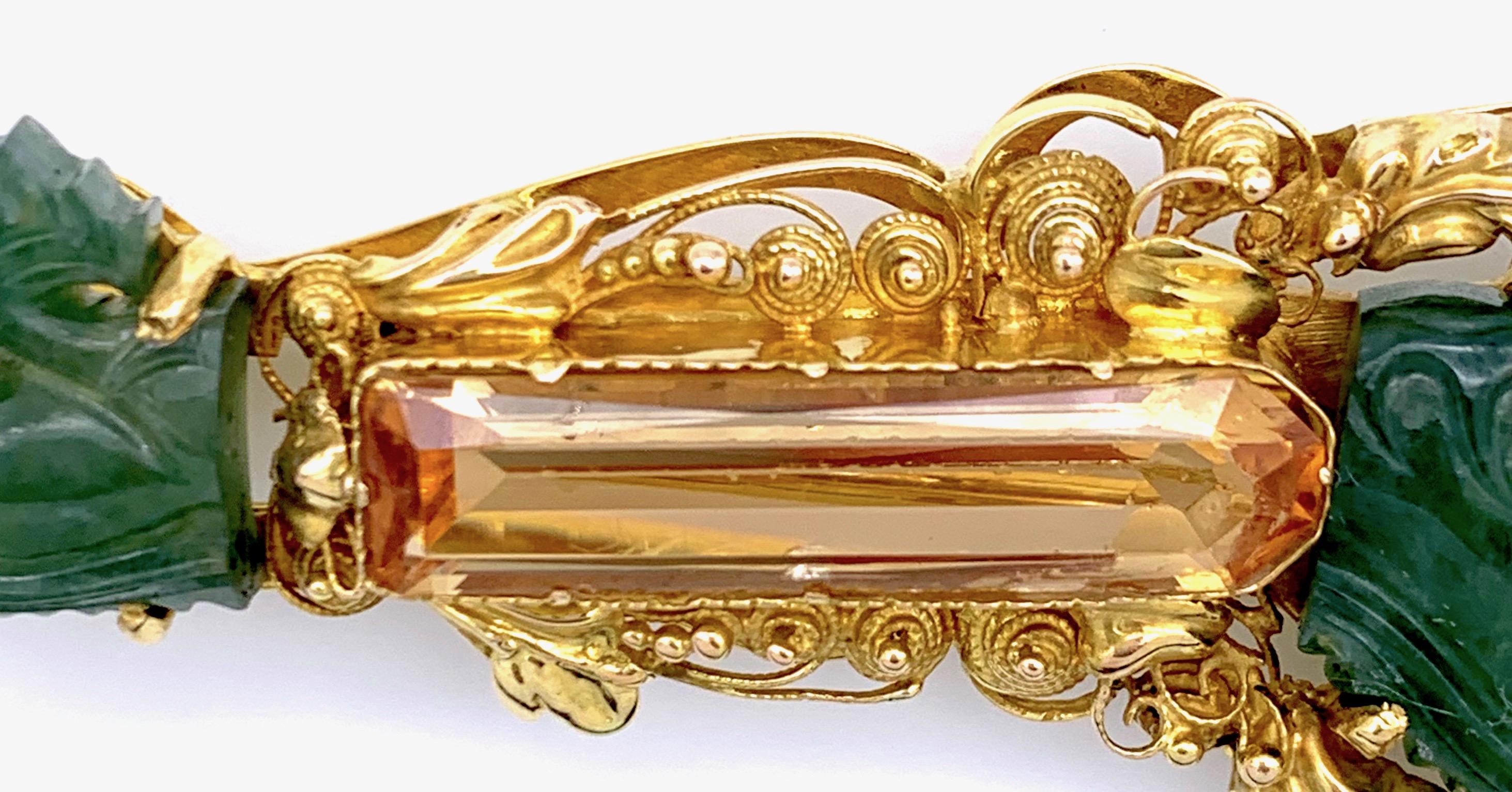 Vintage Dragon Carved Jadeite Topas Ruby 18 Karat Gold Brooch with Pendant For Sale 3