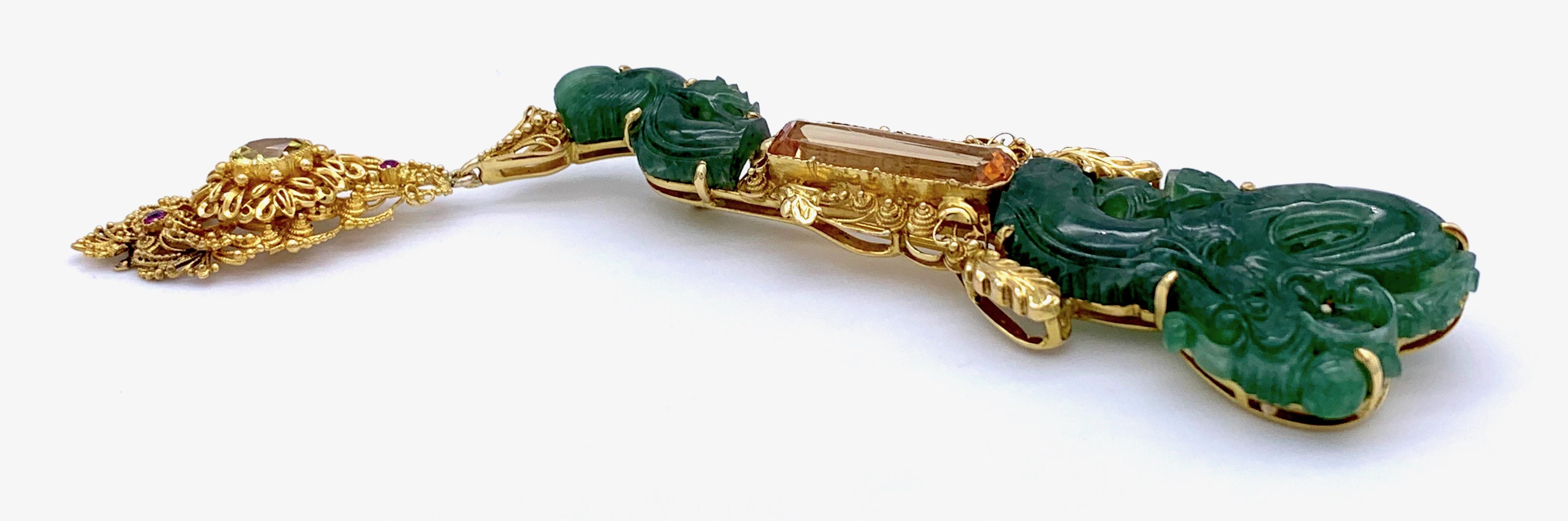 Vintage Dragon Carved Jadeite Topas Ruby 18 Karat Gold Brooch with Pendant For Sale 1