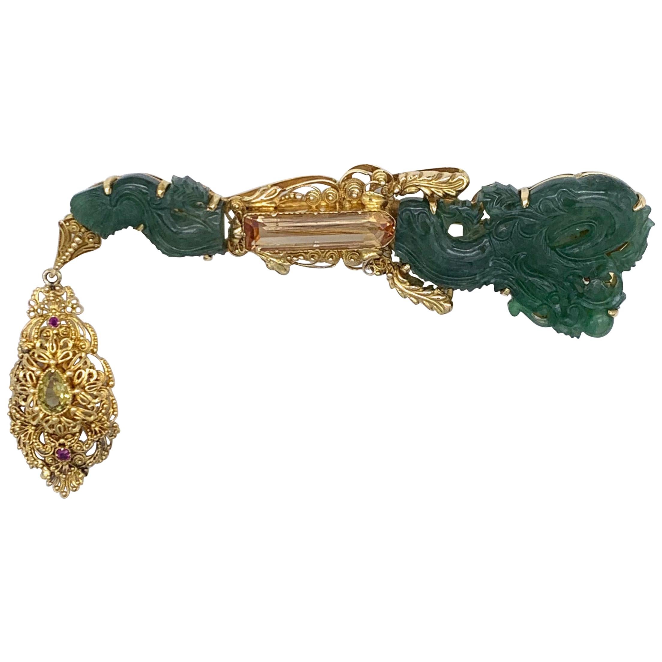 Vintage Dragon Carved Jadeite Topas Ruby 18 Karat Gold Brooch with Pendant
