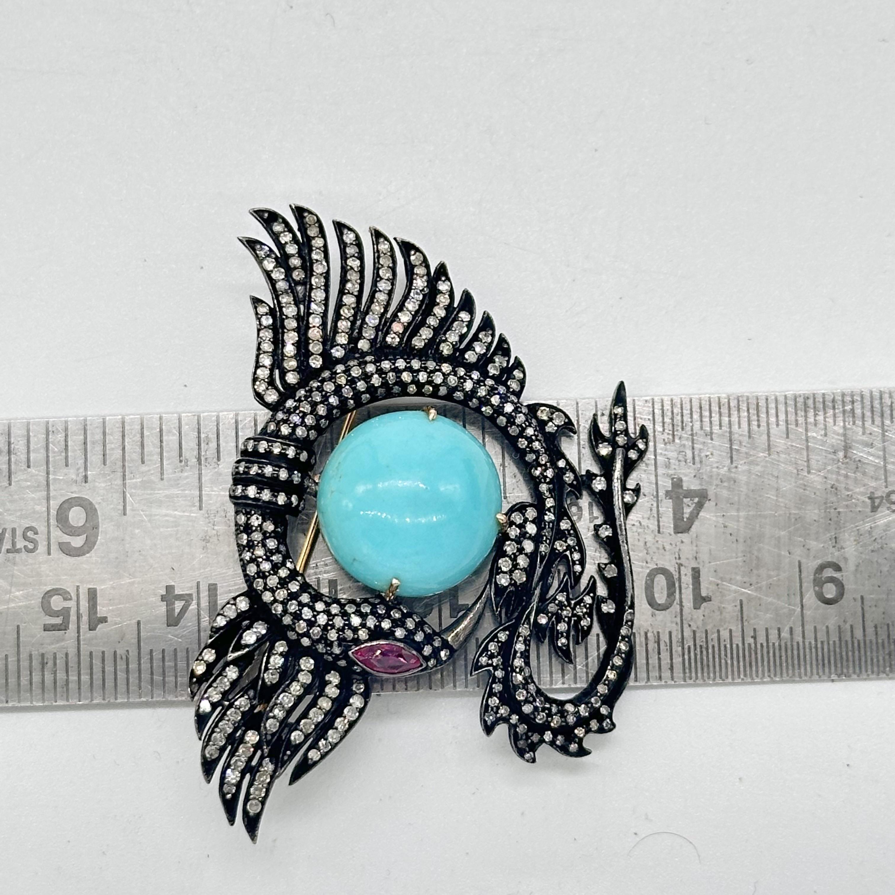 Broche vintage de águila dragón en oro de 14 quilates Turquesa, rubí y diamantes con plata en venta 4