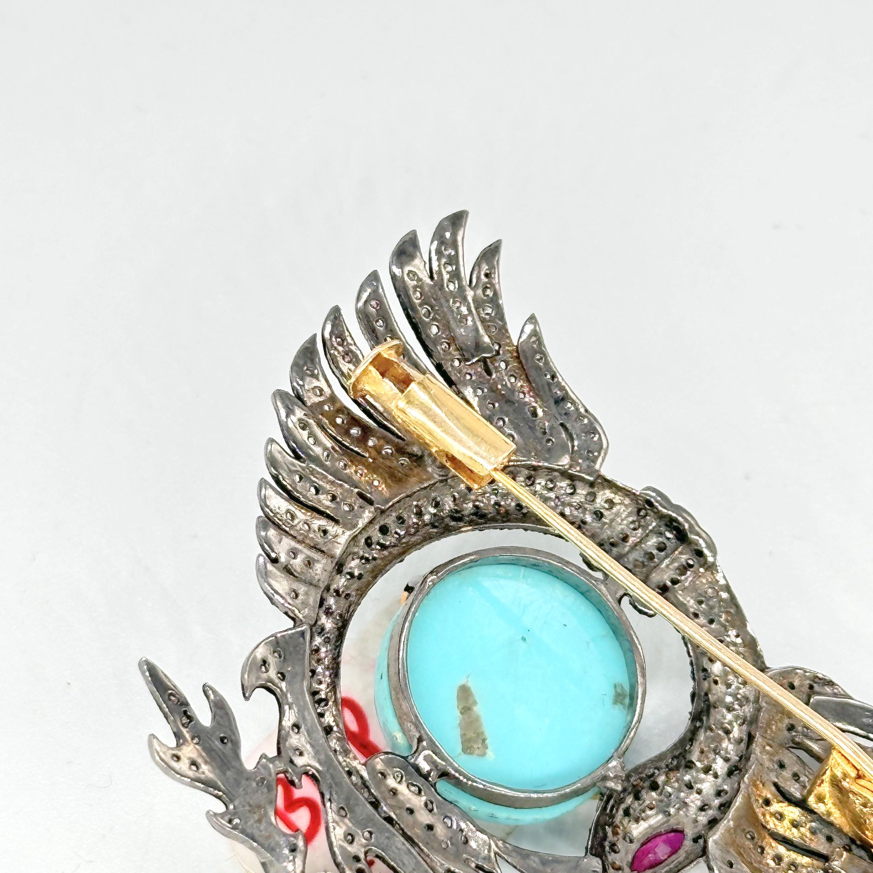Broche vintage de águila dragón en oro de 14 quilates Turquesa, rubí y diamantes con plata en venta 5