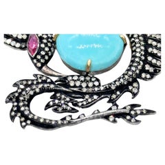 Vintage dragon eagle Brooch in 14K Gold Turquoise, Ruby and Diamonds with silver