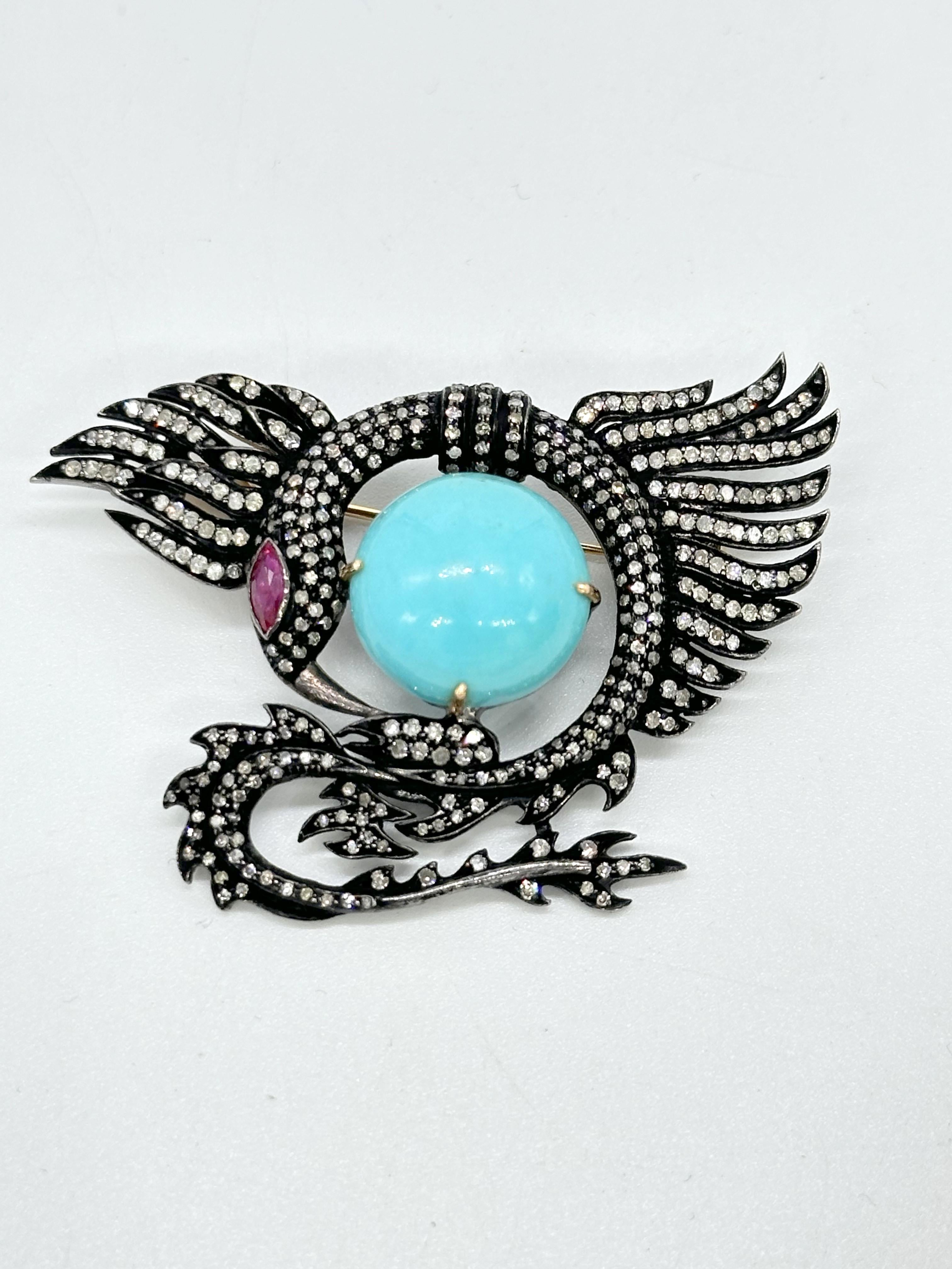 Broche vintage de águila dragón en oro de 14 quilates Turquesa, rubí y diamantes con plata Artista en venta