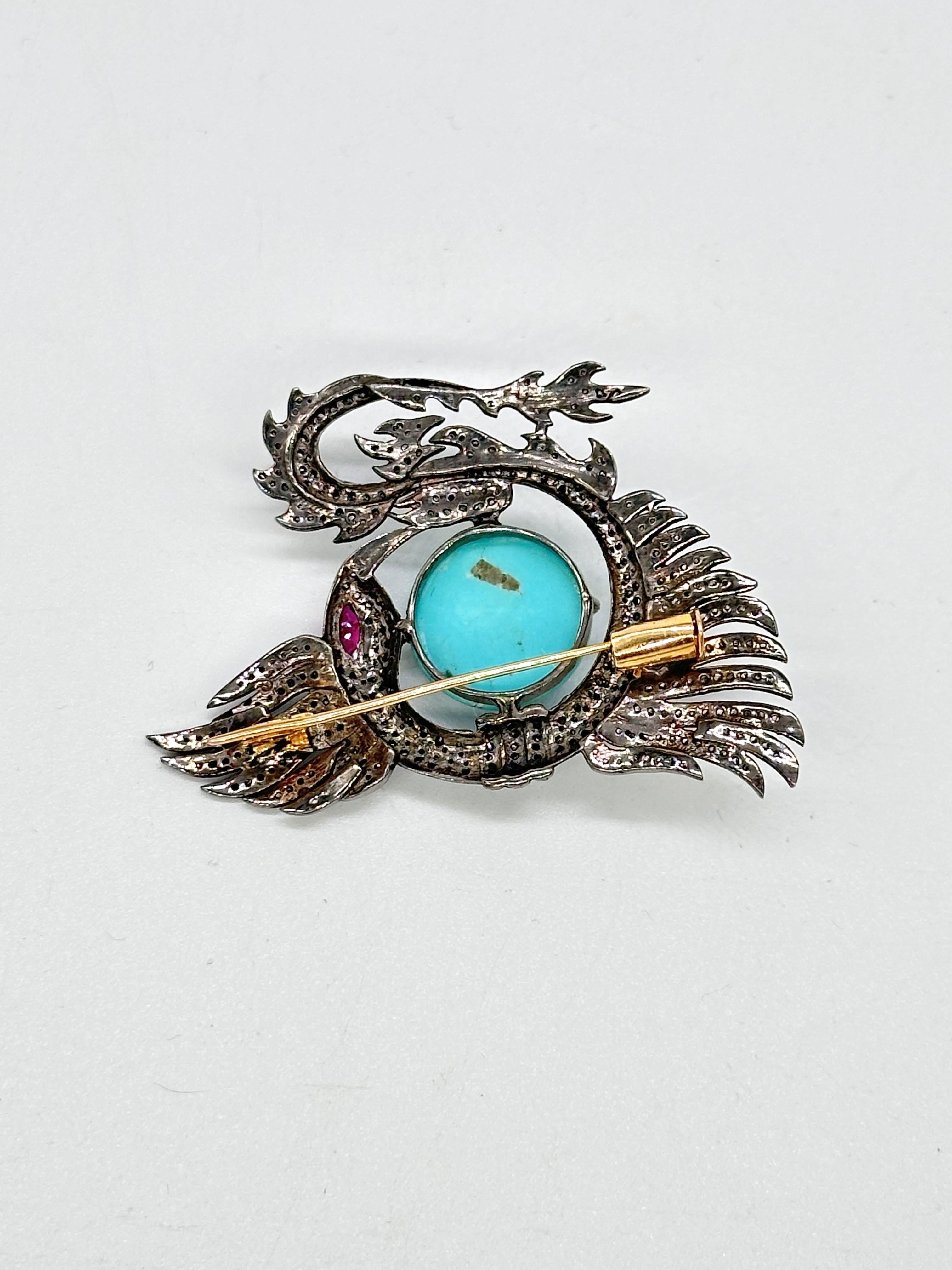 Broche vintage de águila dragón en oro de 14 quilates Turquesa, rubí y diamantes con plata Corte mixto en venta