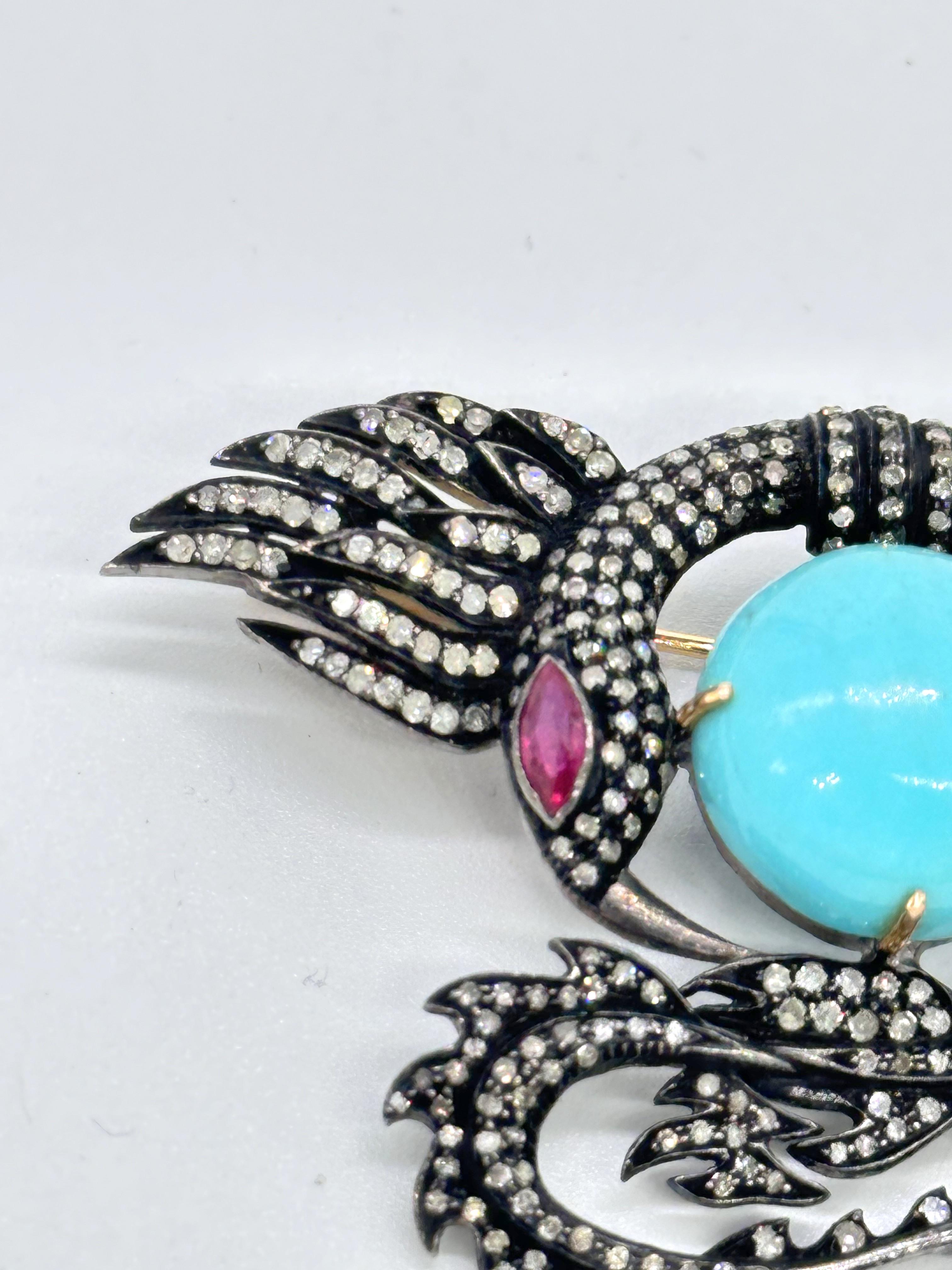 Broche vintage de águila dragón en oro de 14 quilates Turquesa, rubí y diamantes con plata en Nuevo estado para la venta en Delhi, DL