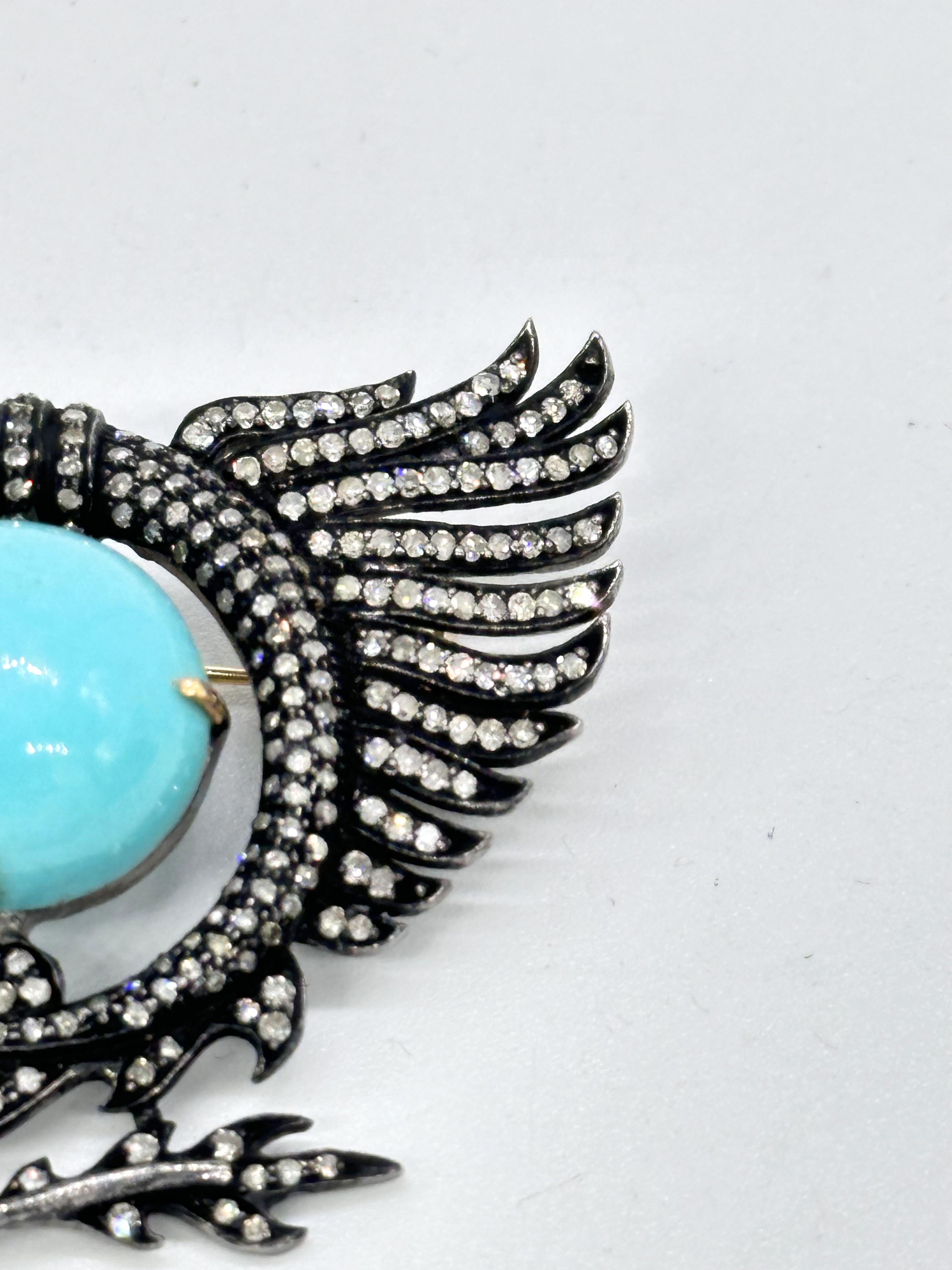 Femenino o masculino Broche vintage de águila dragón en oro de 14 quilates Turquesa, rubí y diamantes con plata en venta