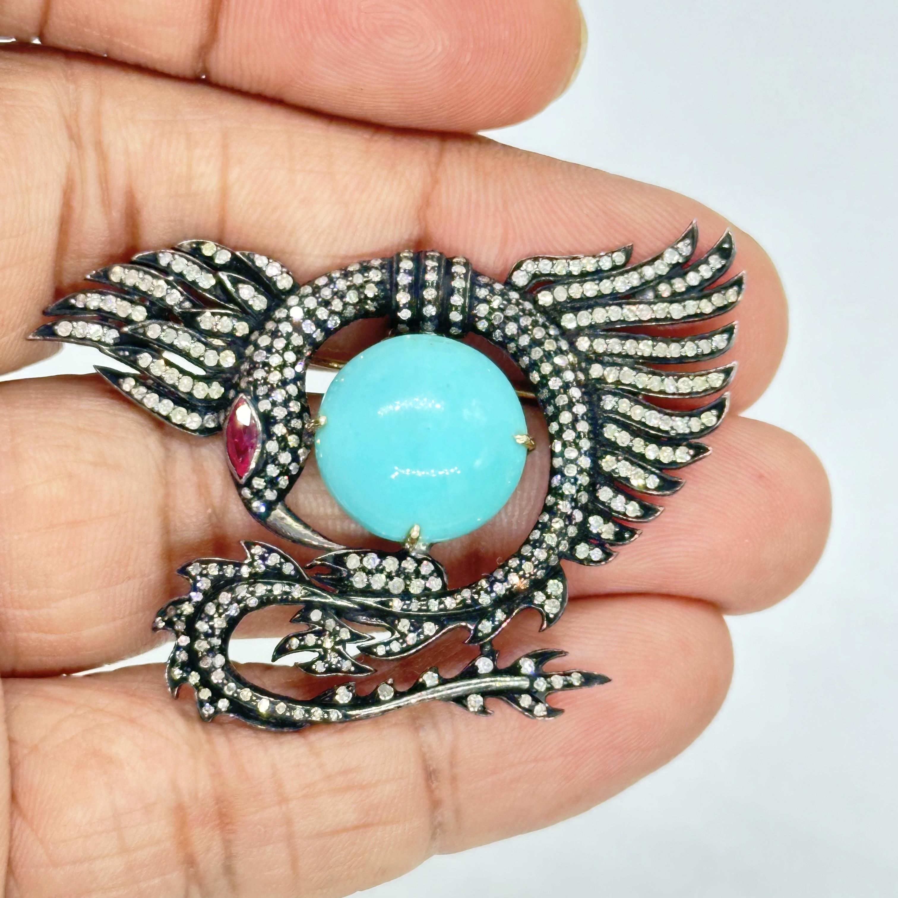 Broche vintage de águila dragón en oro de 14 quilates Turquesa, rubí y diamantes con plata en venta 1