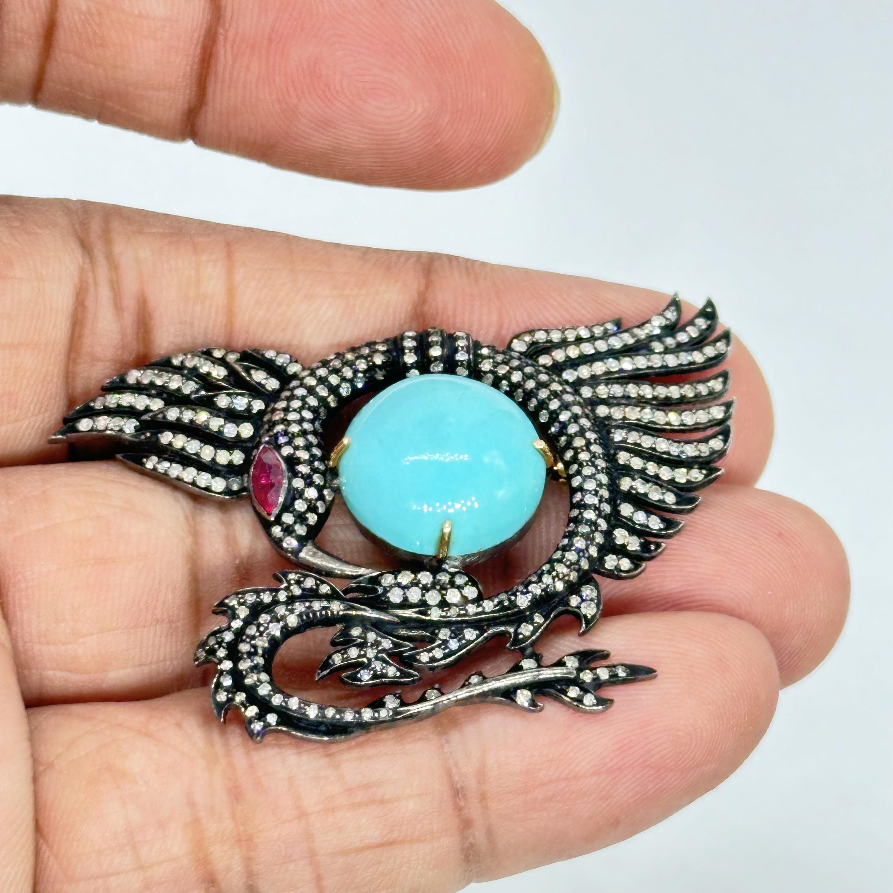 Broche vintage de águila dragón en oro de 14 quilates Turquesa, rubí y diamantes con plata en venta 2
