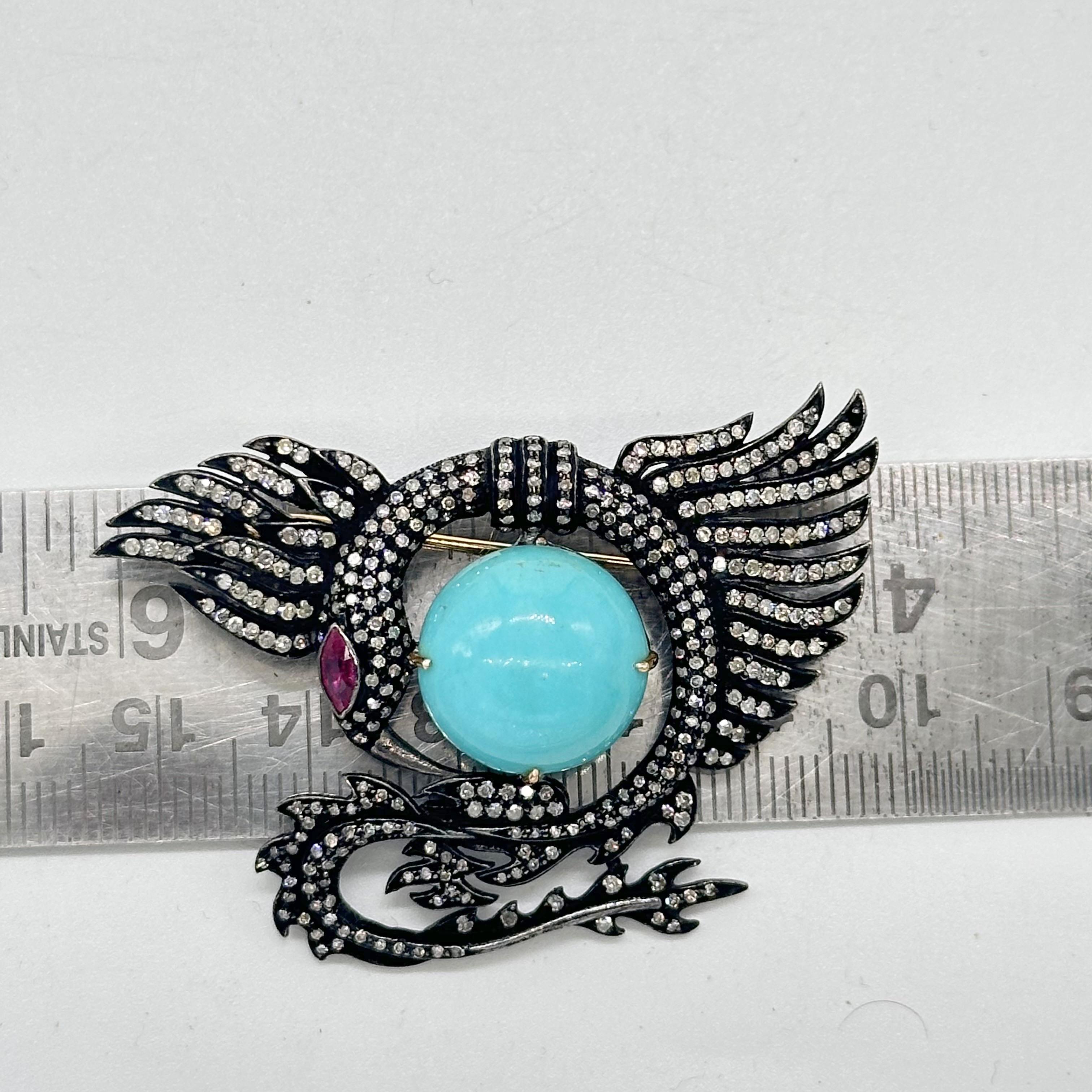 Broche vintage de águila dragón en oro de 14 quilates Turquesa, rubí y diamantes con plata en venta 3