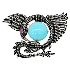 Vintage dragon eagle Brooch in 14K Gold Turquoise, Ruby and Diamonds with silver