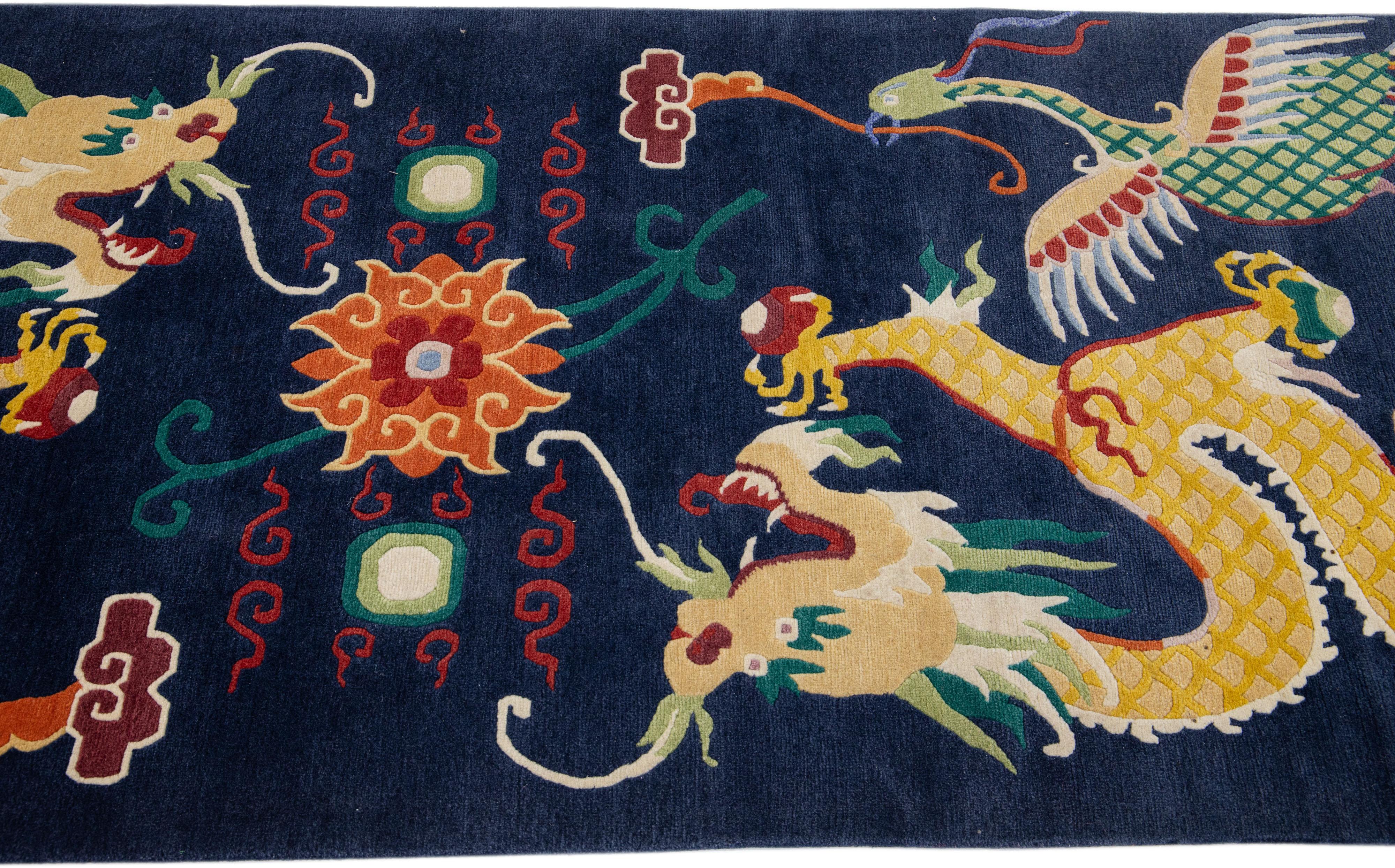 Chinese Chippendale Vintage Dragon Peking Handmade Multicolor Chinese Wool Rug For Sale