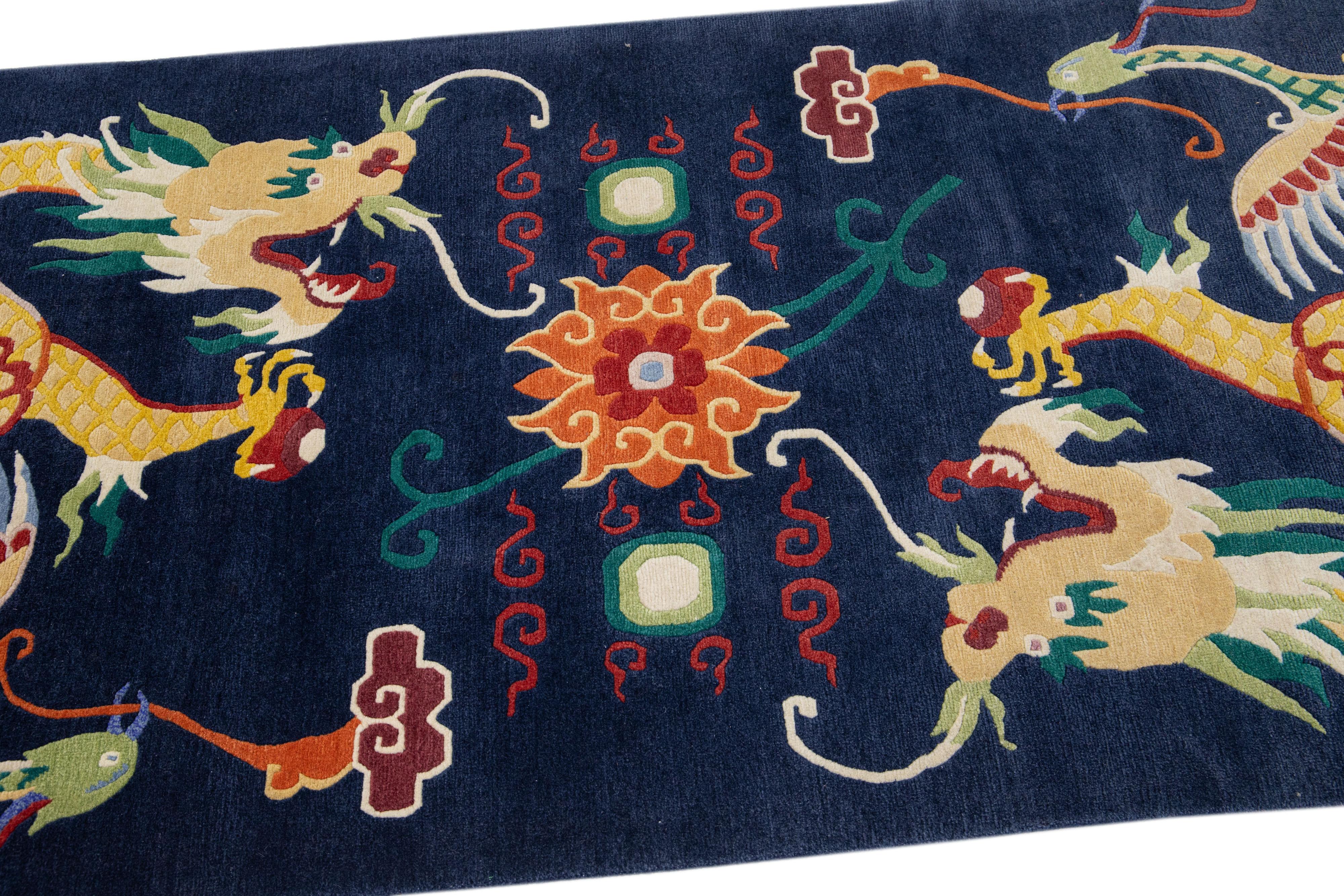 Tibetan Vintage Dragon Peking Handmade Multicolor Chinese Wool Rug  For Sale