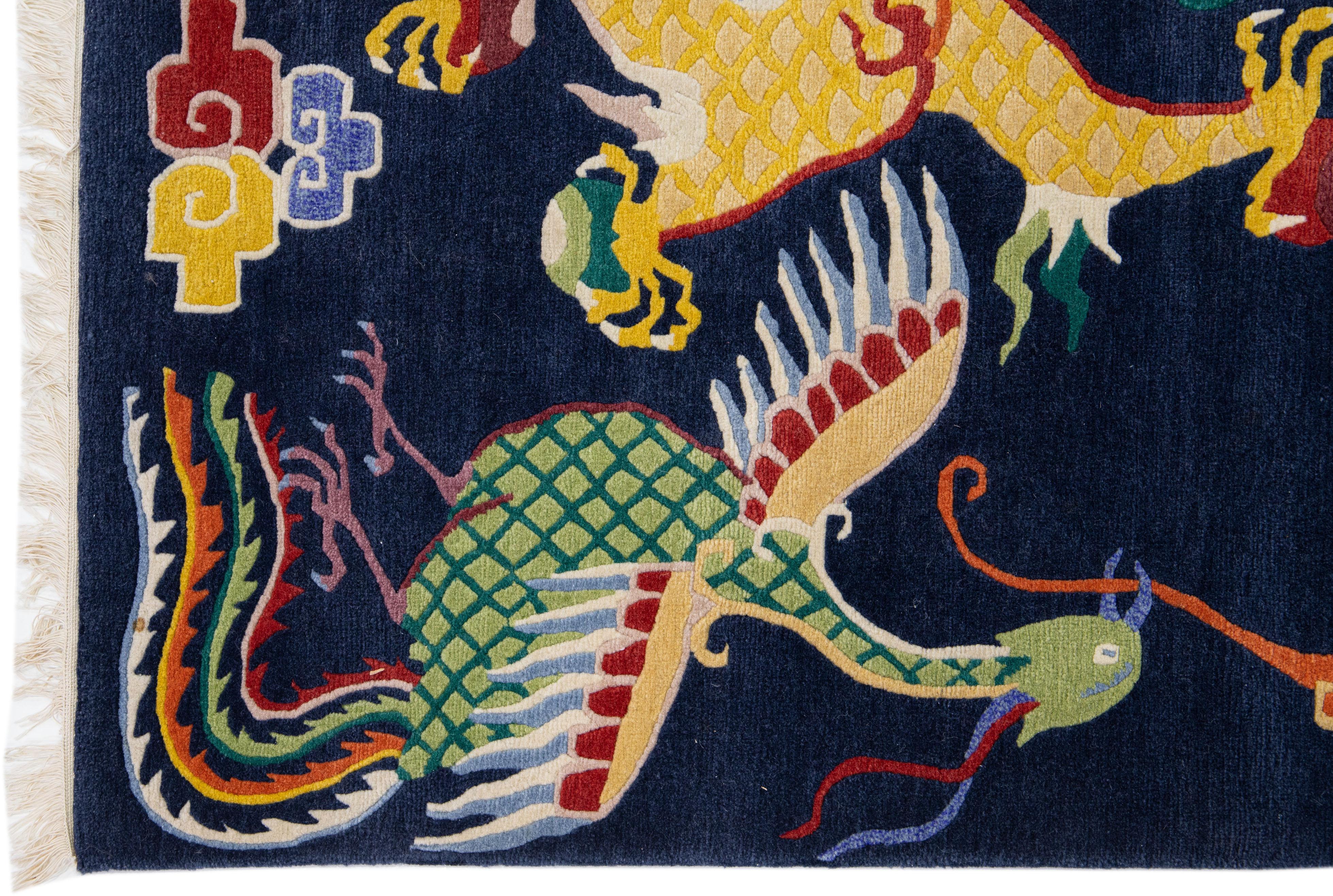 Hand-Knotted Vintage Dragon Peking Handmade Multicolor Chinese Wool Rug  For Sale