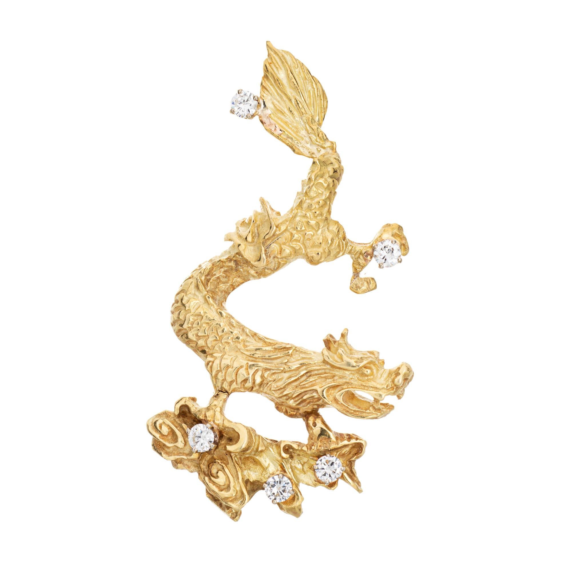 Modern Vintage Dragon Pendant 18k Yellow Gold Diamond Heavy 29.5 Grams Fine Jewelry For Sale