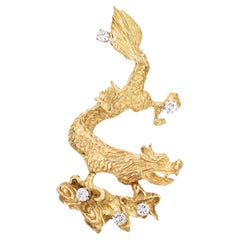 Vintage Dragon Pendant 18k Yellow Gold Diamond Heavy 29.5 Grams Fine Jewelry