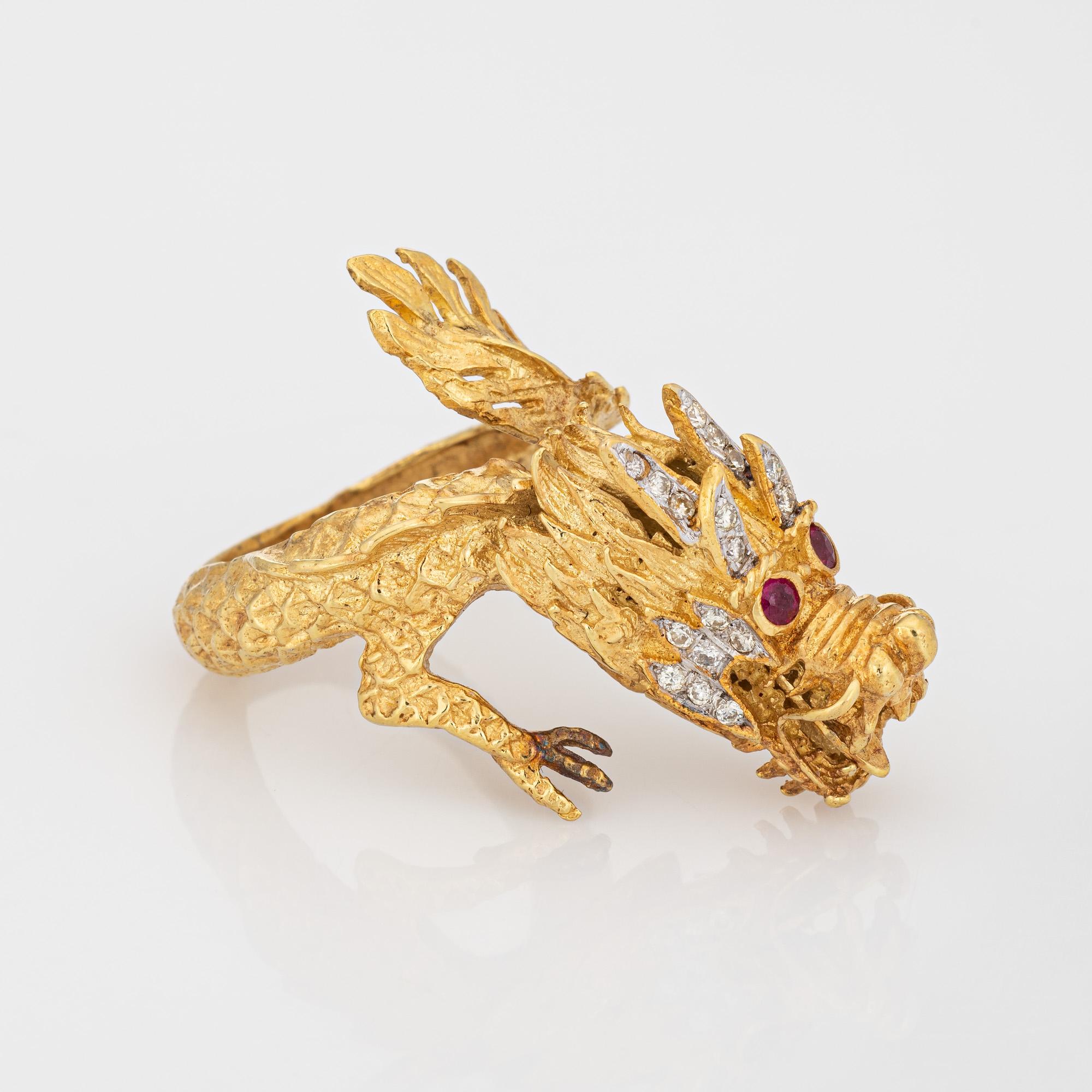 Modern Vintage Dragon Ring 18k Yellow Gold Diamond Ruby Eyes Band Articulated Sz 8.5