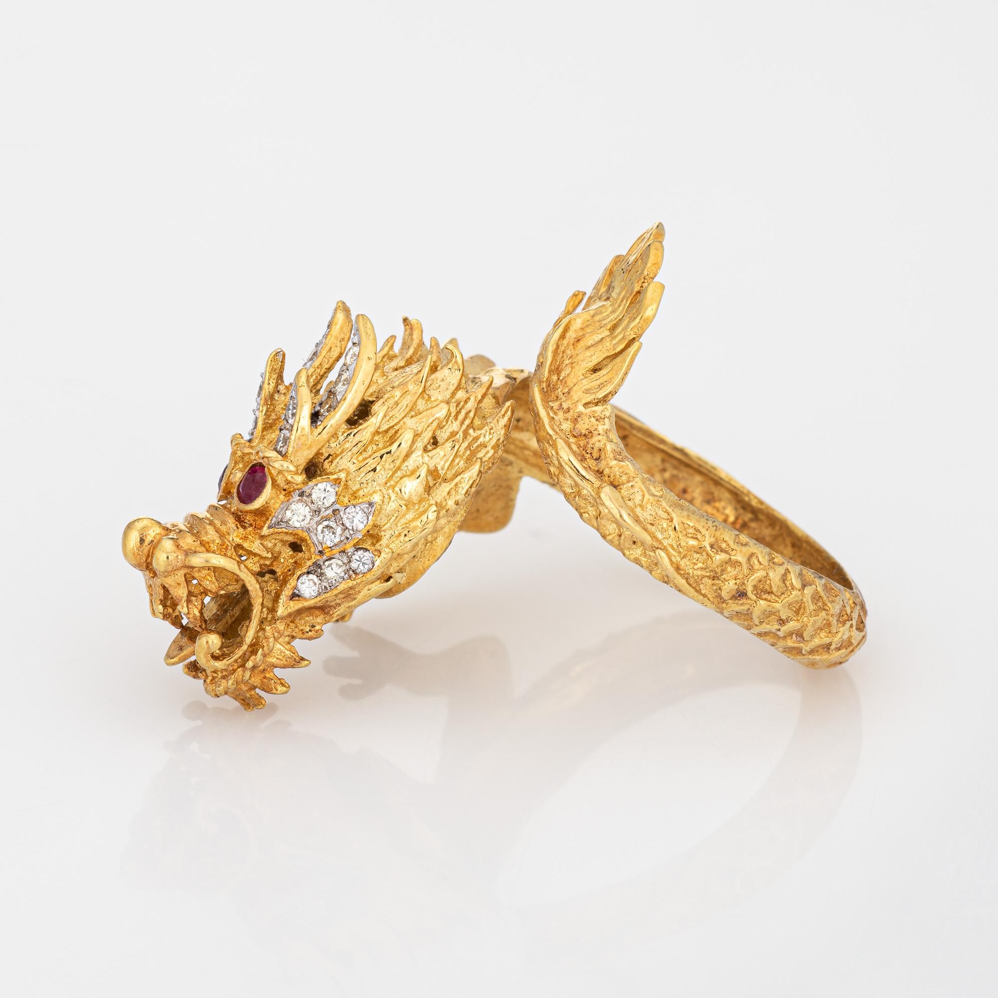 Round Cut Vintage Dragon Ring 18k Yellow Gold Diamond Ruby Eyes Band Articulated Sz 8.5
