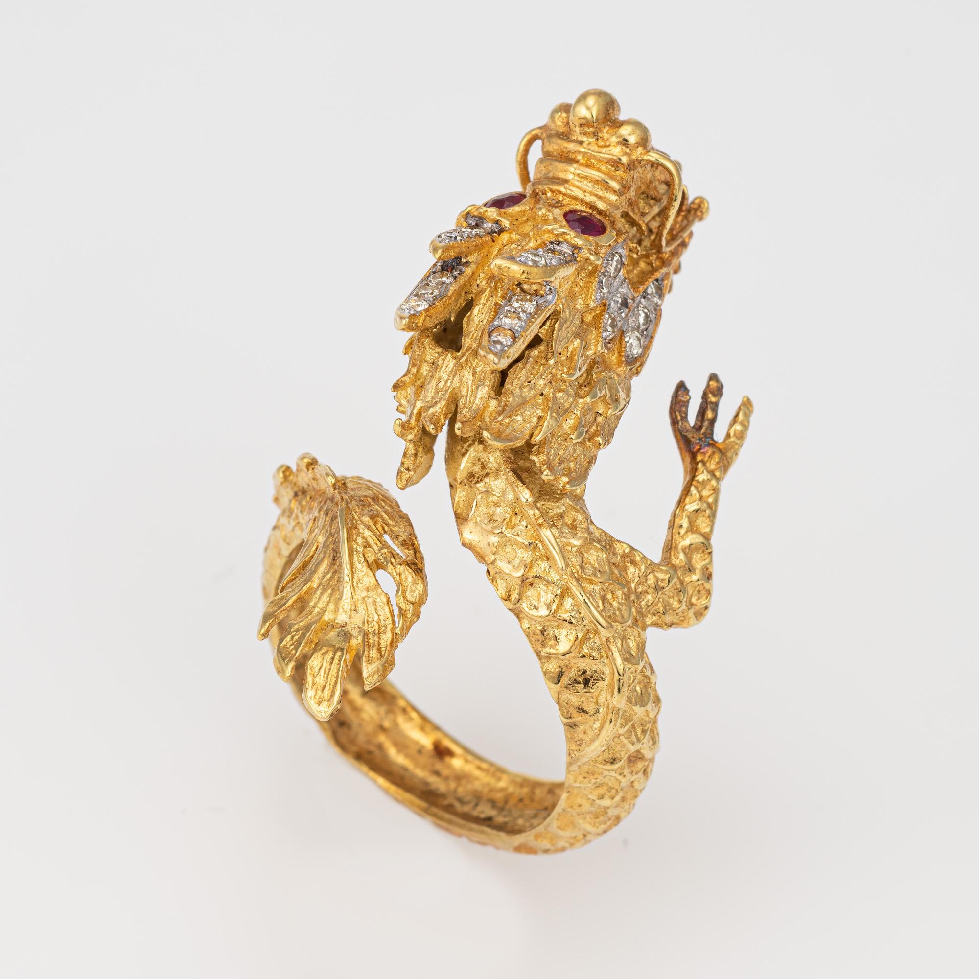 Vintage Dragon Ring 18k Yellow Gold Diamond Ruby Eyes Band Articulated Sz 8.5 In Good Condition In Torrance, CA
