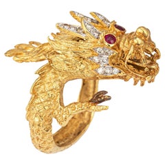 Vintage Dragon Ring 18k Yellow Gold Diamond Ruby Eyes Band Articulated Sz 8.5