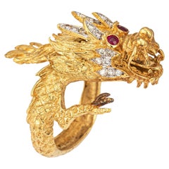 Bague dragon articulée vintage en or jaune 18 carats avec diamants et yeux en rubis, taille 8,5