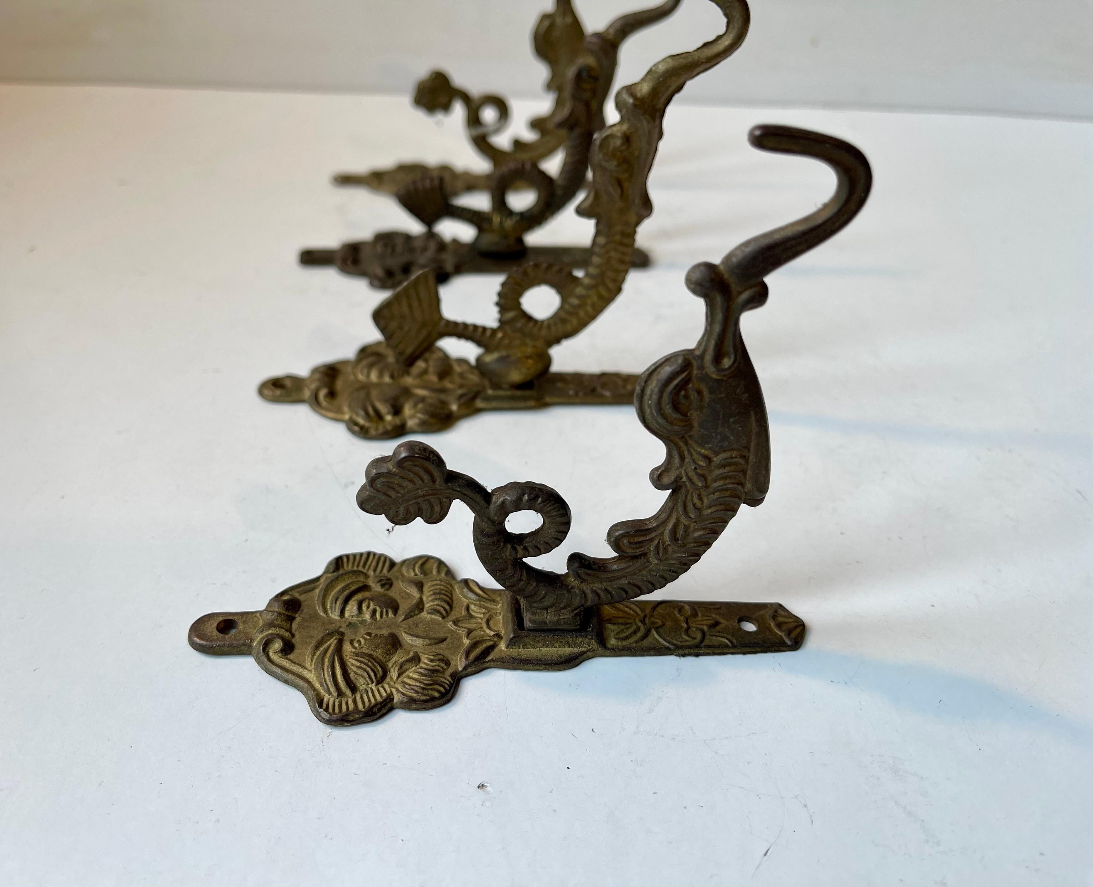 Cast Vintage Dragon Wall Hooks in Brass, 1970s, set of 4