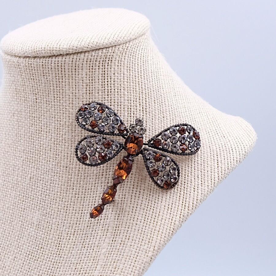 Women's or Men's Vintage Dragonfly Czech Brooch With Brown Crystals and Rhinestones 1930's