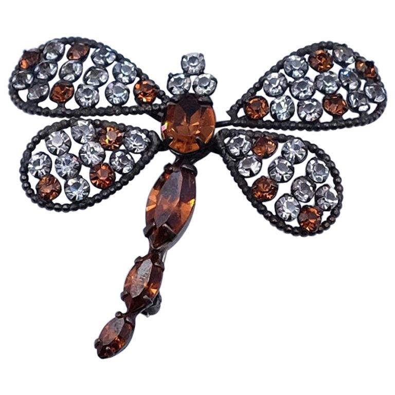 Vintage Dragonfly Czech Brooch With Brown Crystals and Rhinestones 1930's