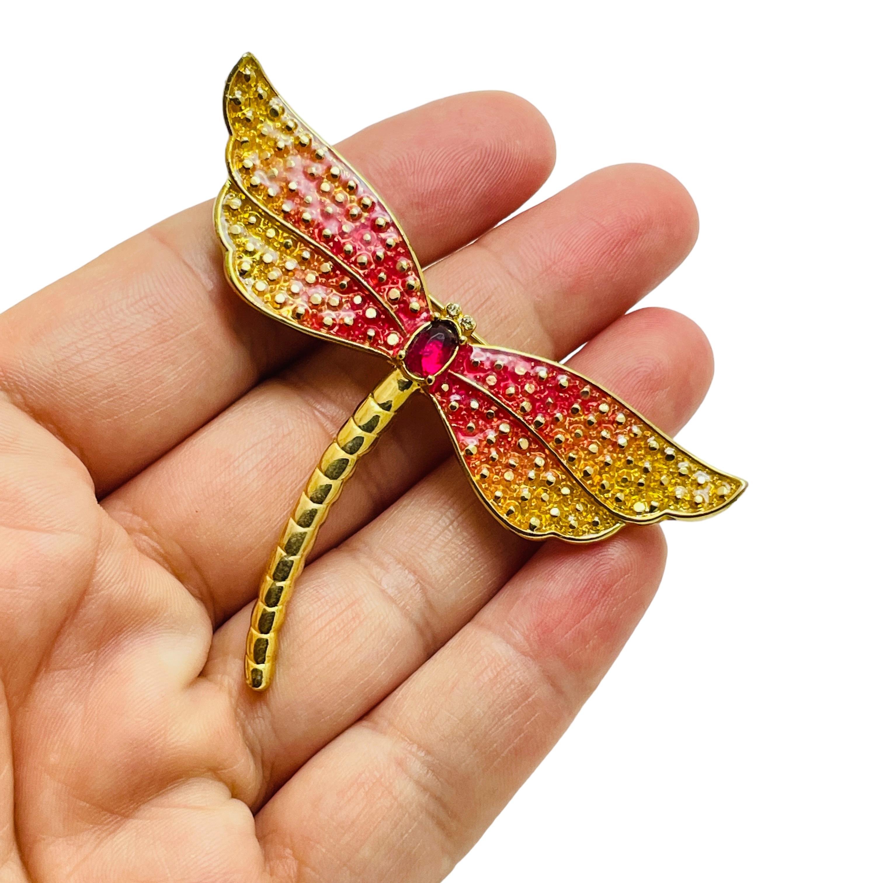 Women's Vintage dragonfly gold tone enamel designer brooch For Sale