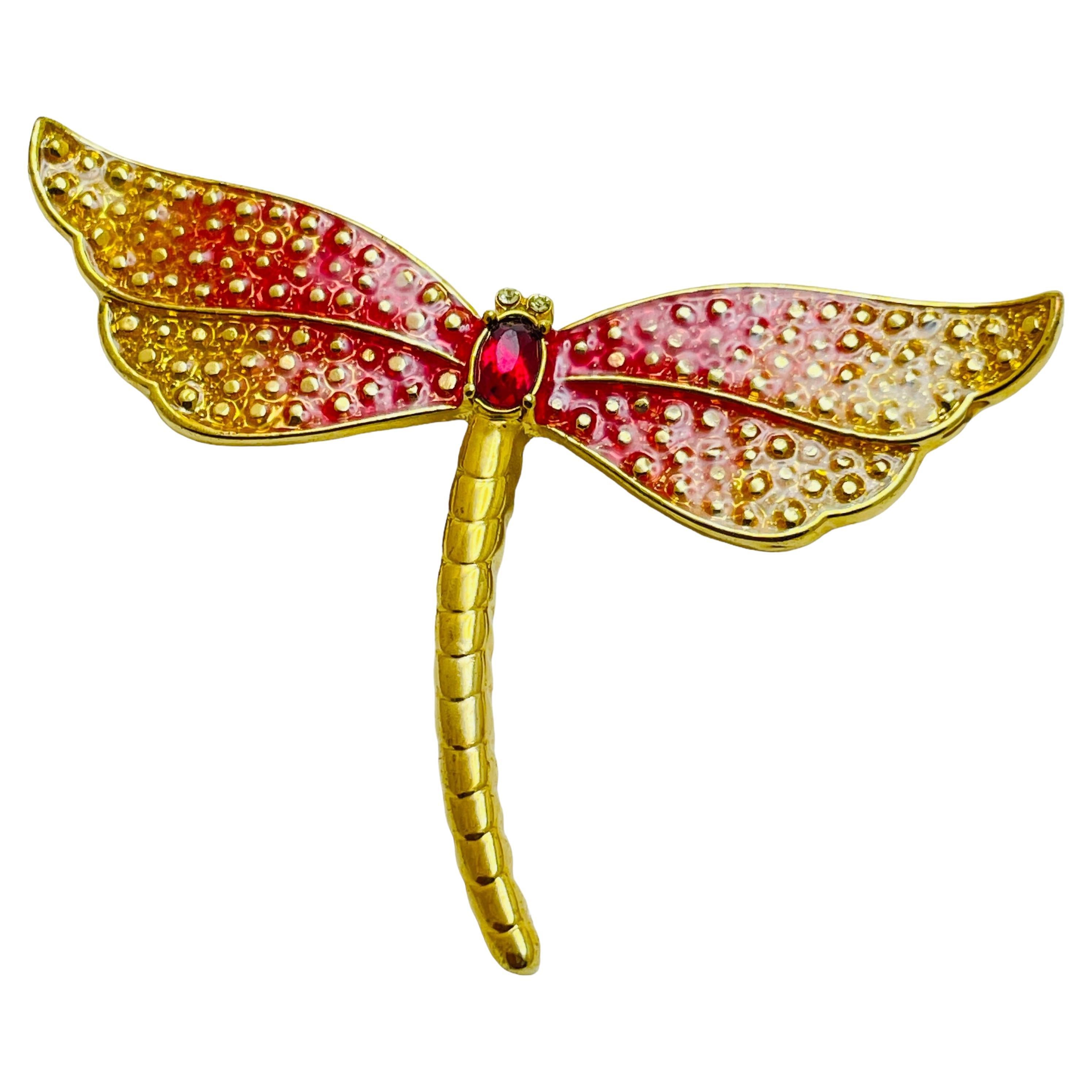 Vintage dragonfly gold tone enamel designer brooch For Sale