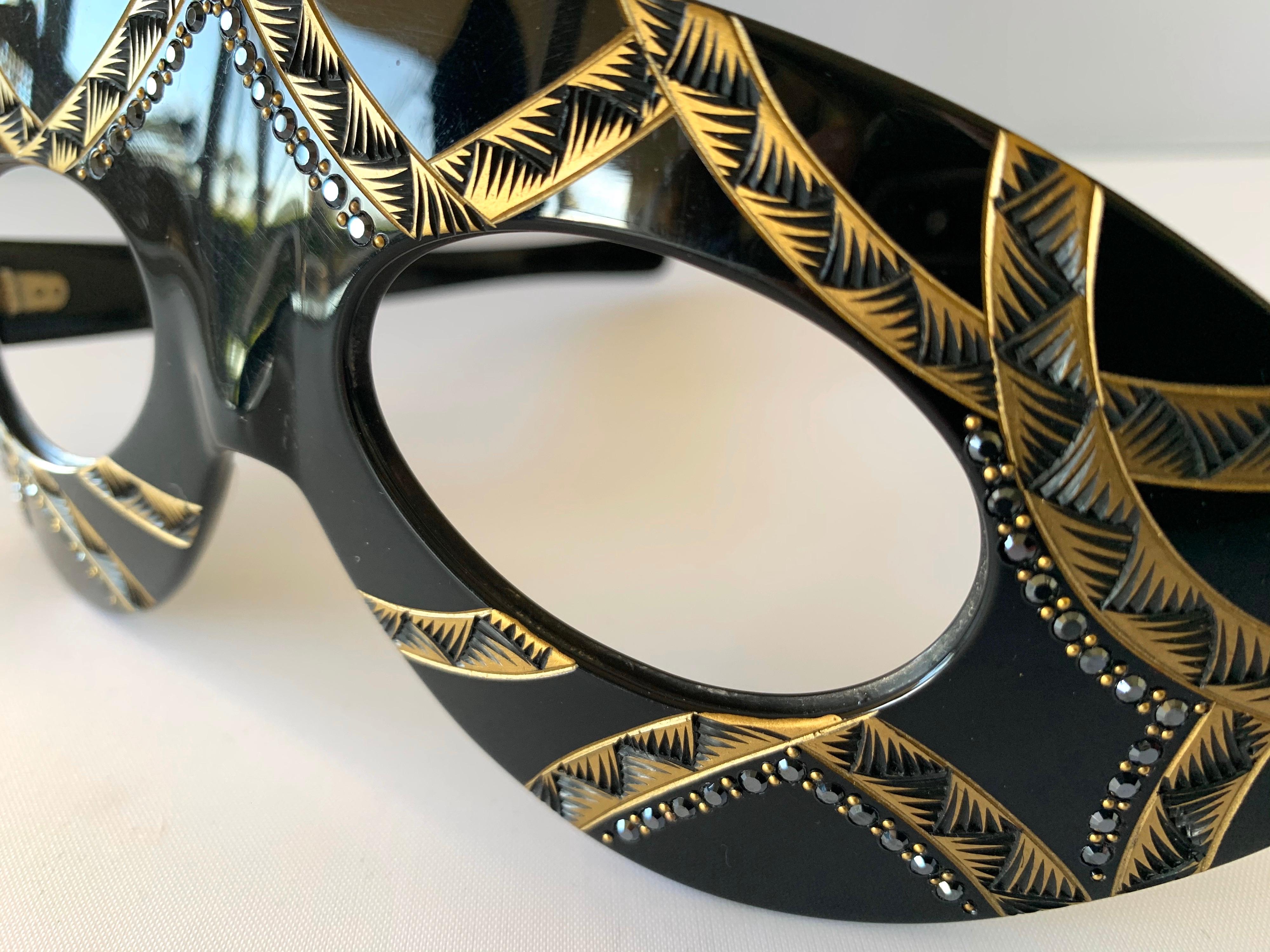 Vintage  Dramatic French Black, Gold and Marcasite Eyeglass Frames In Excellent Condition In Palm Springs, CA