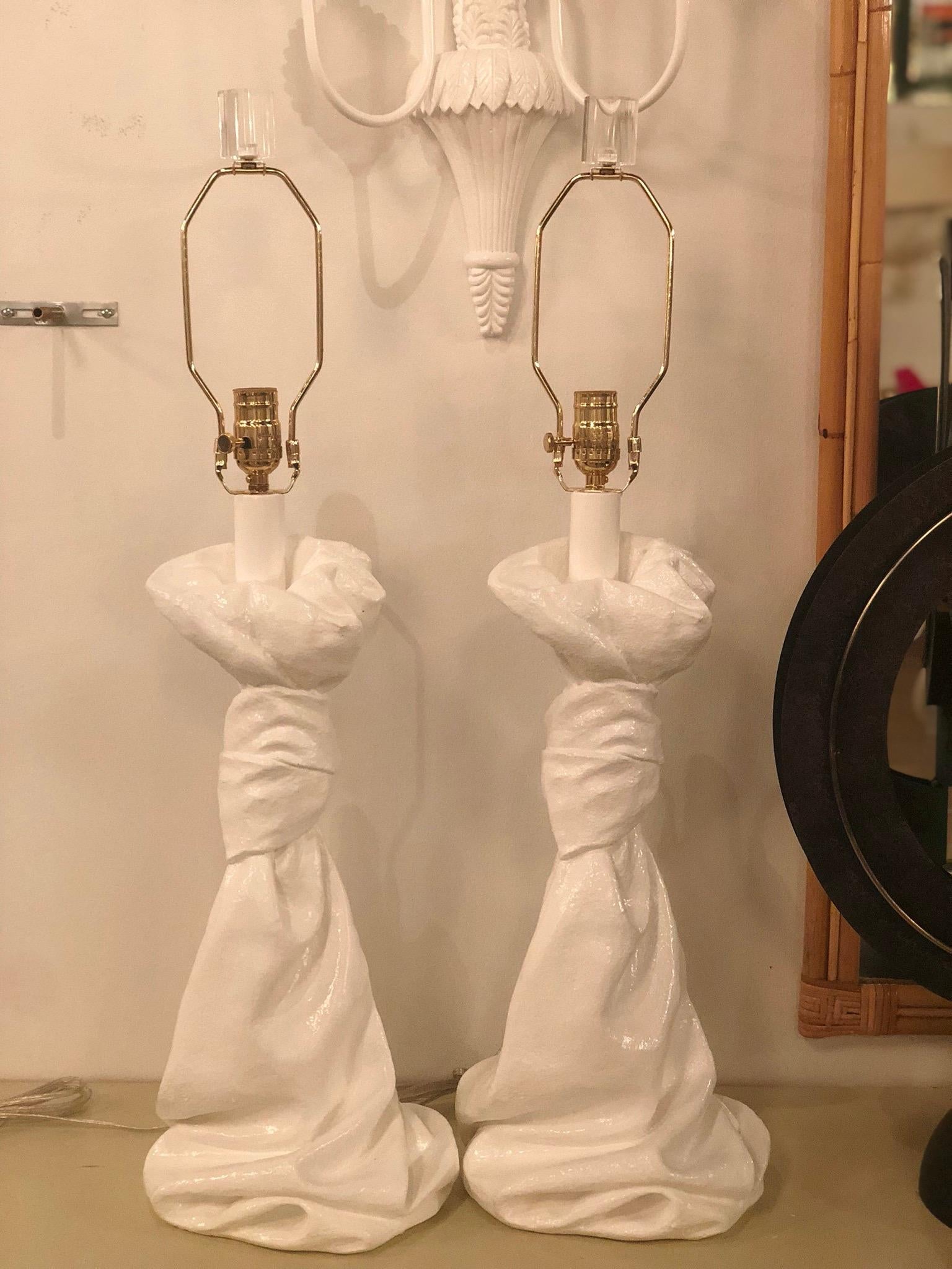 Vintage Draped Plaster White Lacquered Table Lamps Pair Lucite Brass 6