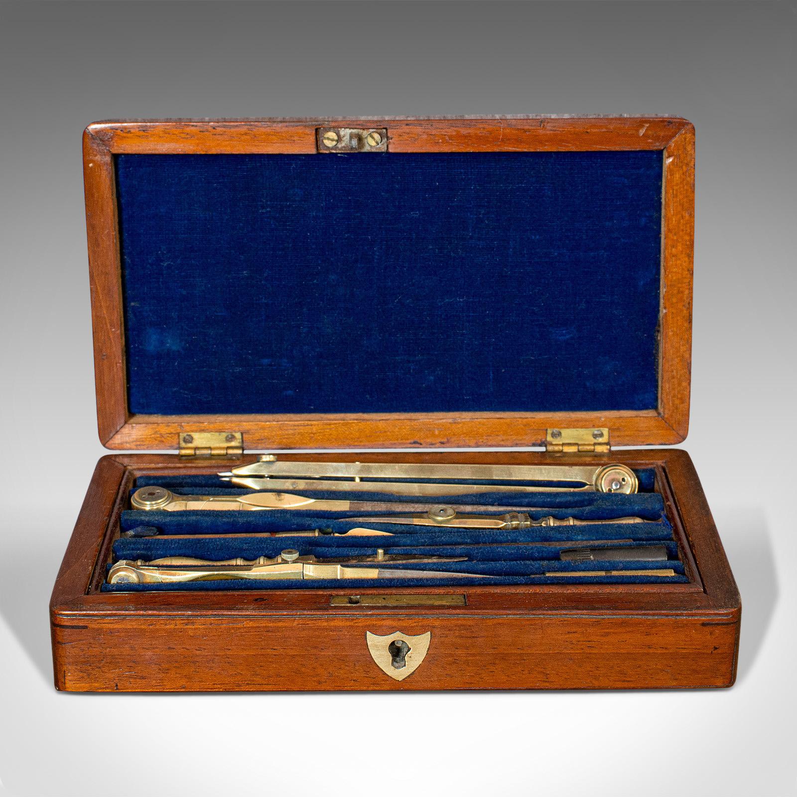 Vintage Draughtsman's Instrument Set, Drawing, Navigation, Henry Hughes and Son In Good Condition In Hele, Devon, GB