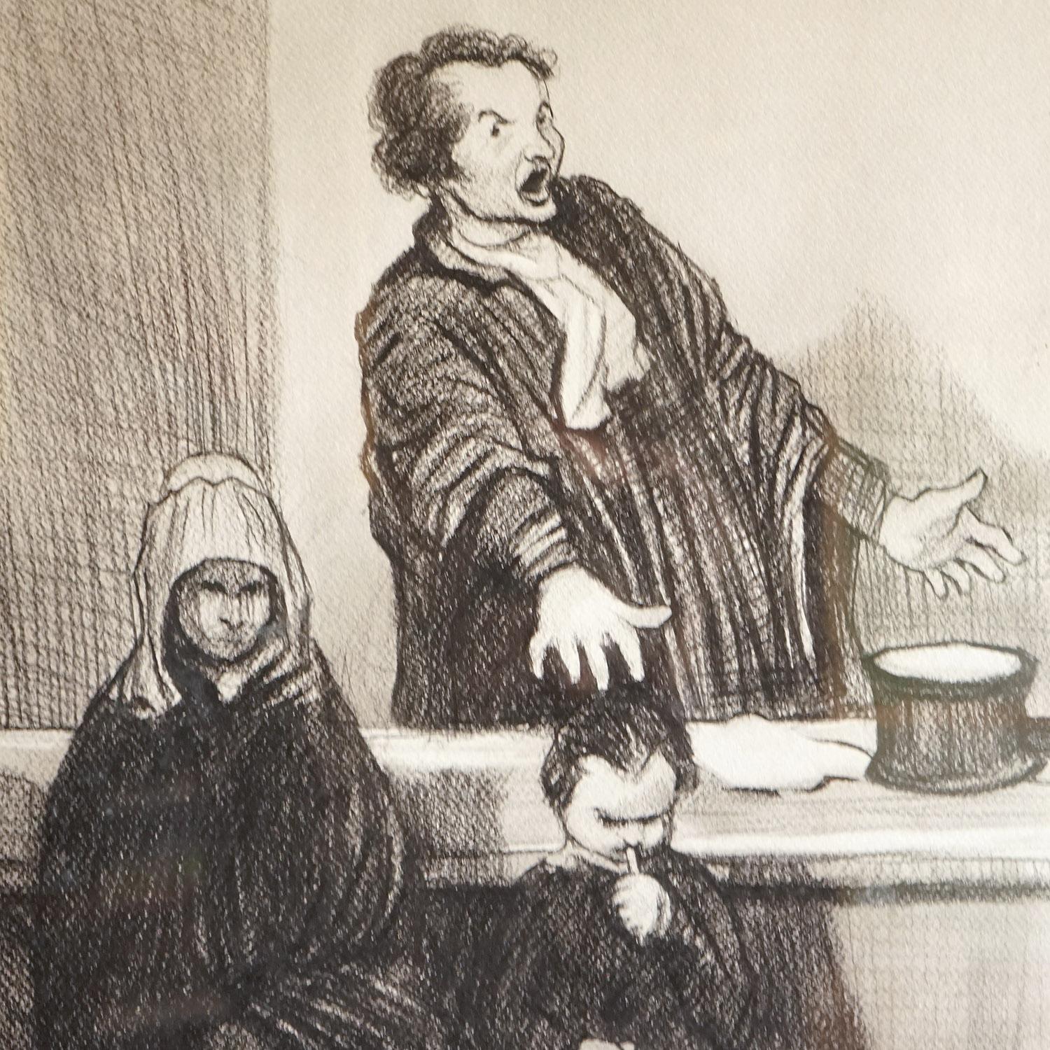 Français Dessin d'époque représentant une scène de tribunal d'après l'original d'Honoré Daumier en vente