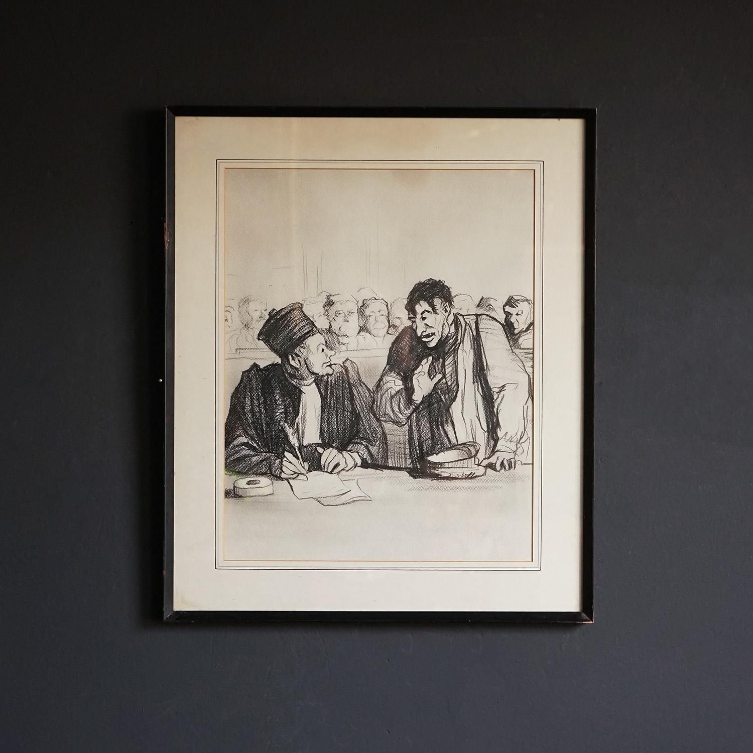 Vintage-Zeichnung, die eine Gerichtsszene nach dem Original von Honoré Daumier darstellt (Französisch) im Angebot