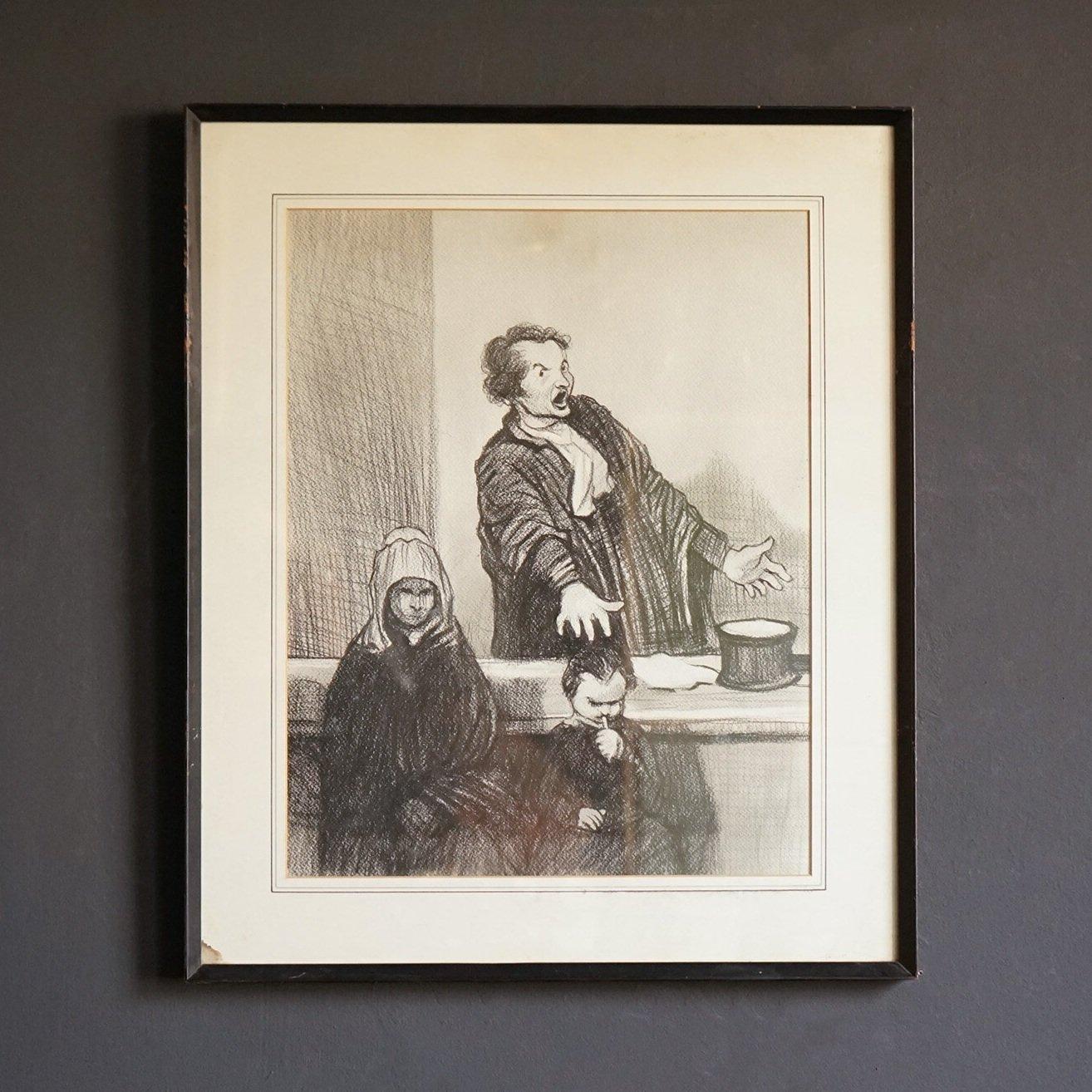 French Vintage Drawing Depicting a Courtroom Scene After the Original by Honoré Daumier For Sale